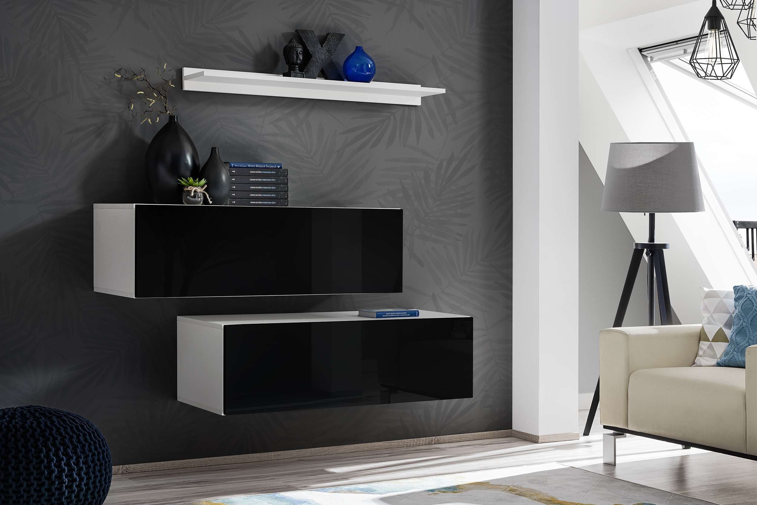 Stylefy Wohnwand Rawson III, (Wohnmöbel, Wohnzimmer-Set, Set (3-St), bestehend aus 2xLowboard, 1xWandregal, aus Holzwerkstoff, mit viel Stauraum, variabel hängbar, Design Modern Weiß - Schwarz Hochglanz
