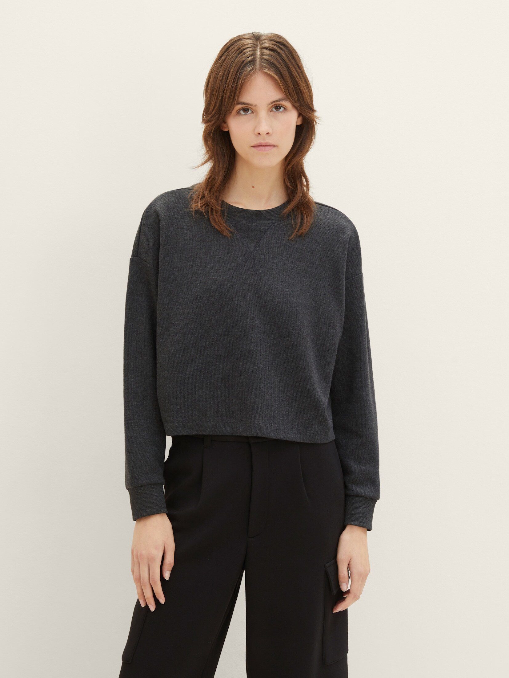 TOM TAILOR Cropped Sweatshirt Shale Melange Rundhalsausschnitt Denim Grey Sweatshirt mit