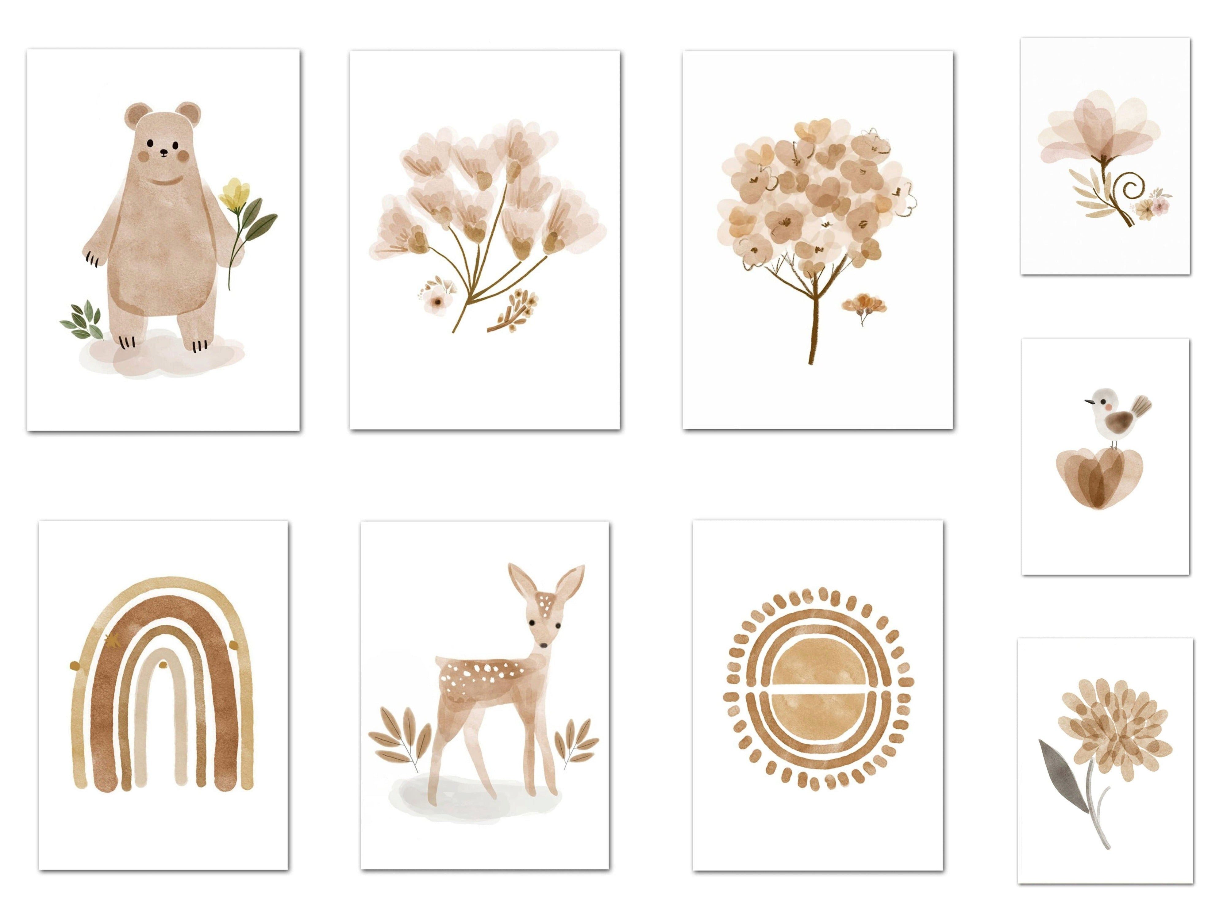JUSTGOODMOOD Poster Kinder süße Tiere im Boho Stil Bär Reh Regenbogen Vogel und Blume als, I (1 St)