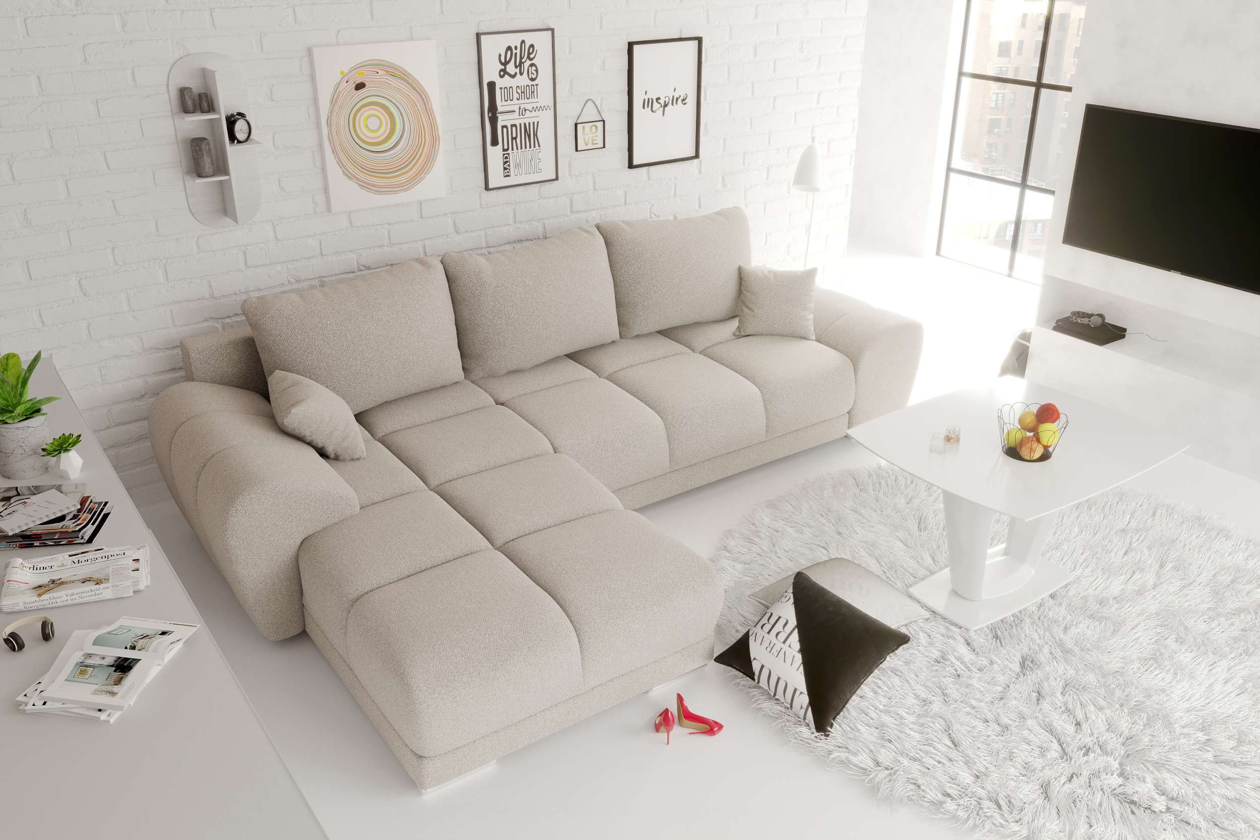 99rooms Ecksofa Antalya, Sofa L-Form, Eckcouch, mit Rückenkissen, Schlaffunktion, Strukturstoff NEVE