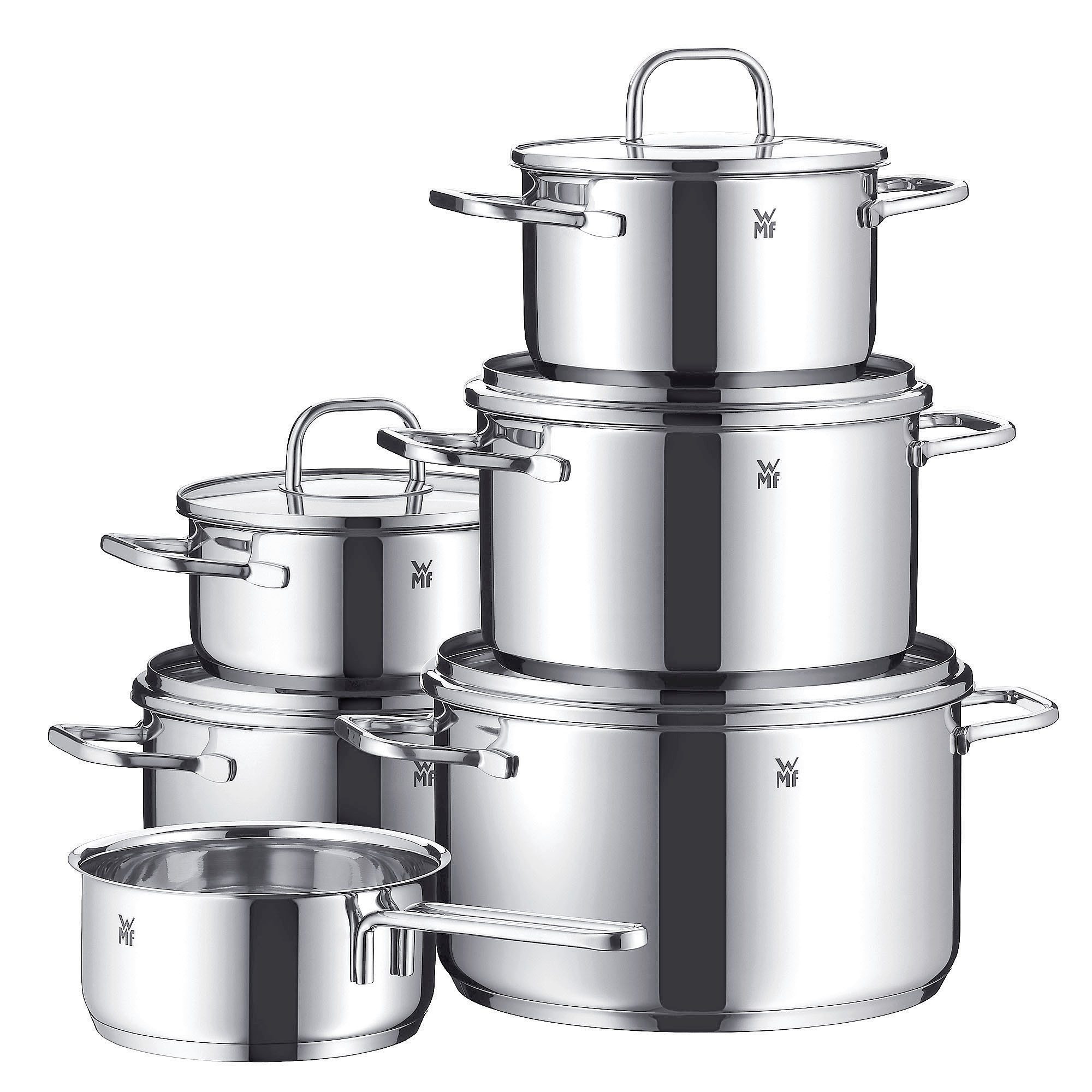 WMF Topf-Set Inspiration Induktion, Kochtopf Set mit Glasdeckel, Cromargan® Edelstahl Rostfrei 18/10 (Set, 11-tlg., 2x Bratentopf Ø 16/20cm, 3x Fleischtopf Ø 16/20/24cm, Stieltopf Ø 16cm), für alle Herdarten geeignet, unbeschichtet