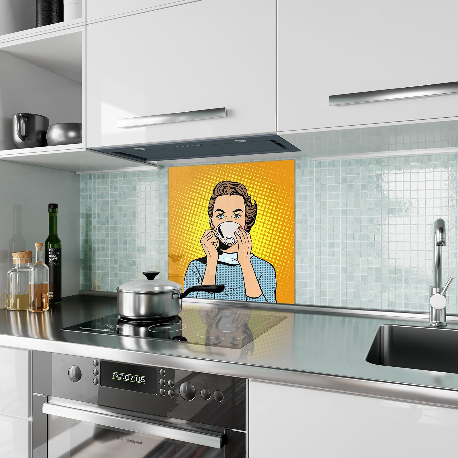 Primedeco Küchenrückwand trinkt Spritzschutz Motiv mit Frau Küchenrückwand Kaffee Glas