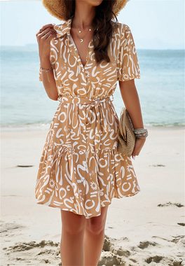 ZWY Sommerkleid Revers-Kurzarmkleid, Taille lässiges Strandkleid für Damen (Damenkleider, Freizeitkleider) (Kleider, Frühlings- und Sommerkleider, Damenbekleidung)
