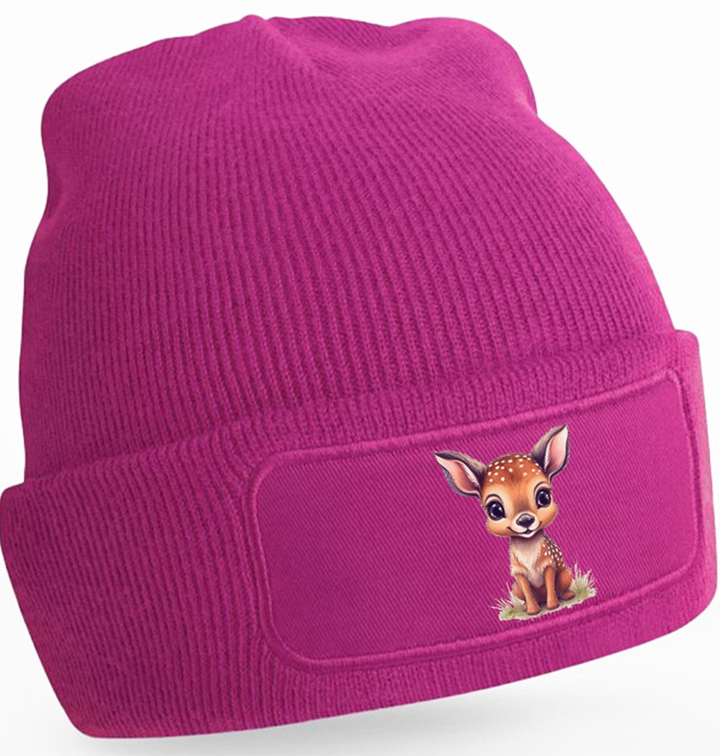 Strickmütze mit niedlichem Reh print - Beanie mit Umschlag