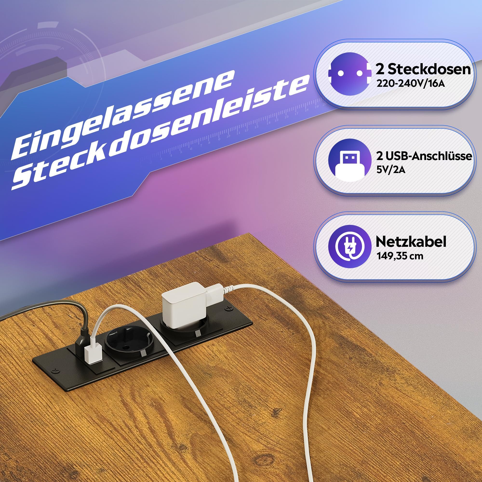 DEVAISE Computertisch Gamingtisch 111/120/140 x 80 cm Computertisch, L-förmiger Schreibtisch (Packung, Tablett mit Ständer), Computertisch mit LED, 2 USB und 2 AC-Steckdosen, für Büro