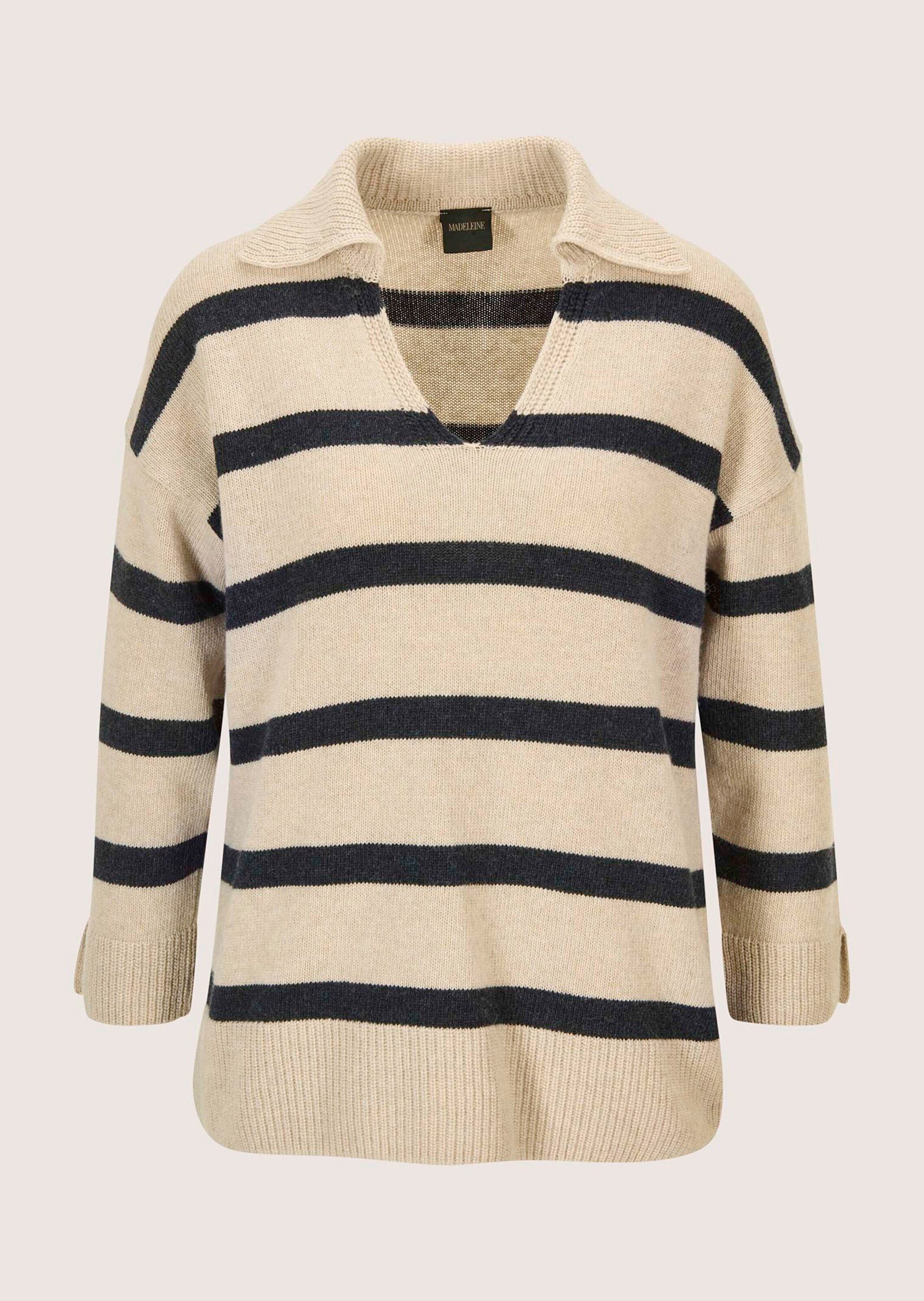 MADELEINE Strickpullover Stilvoller Wollpullover mit Polokragen Pullover in maritimen Ringel-Look mit V-Ausschnitt und 3/4-Ärmeln