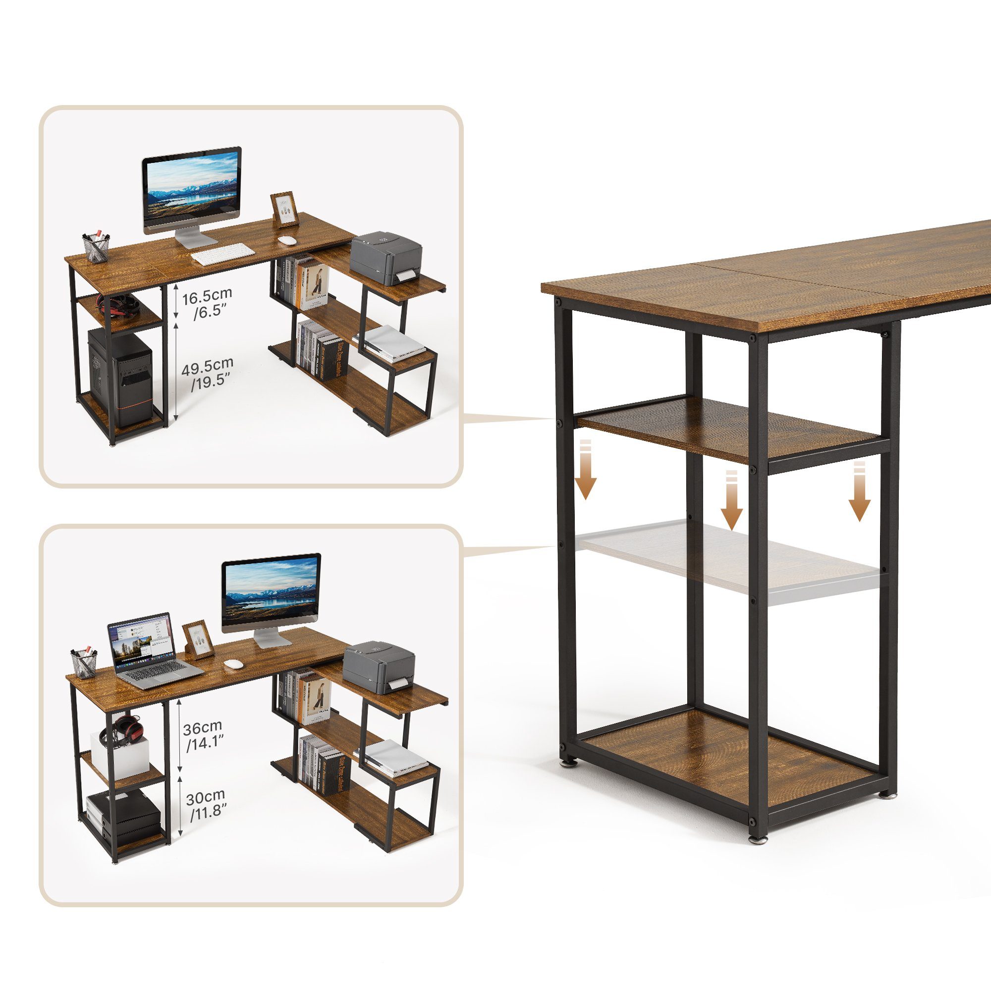 Drehbarem Computertisch, Braun Mondeer L-förmig Regale, Eckschreibtisch S-Regal, 360 mit Grad 2 Höhenverstellbare Vintage