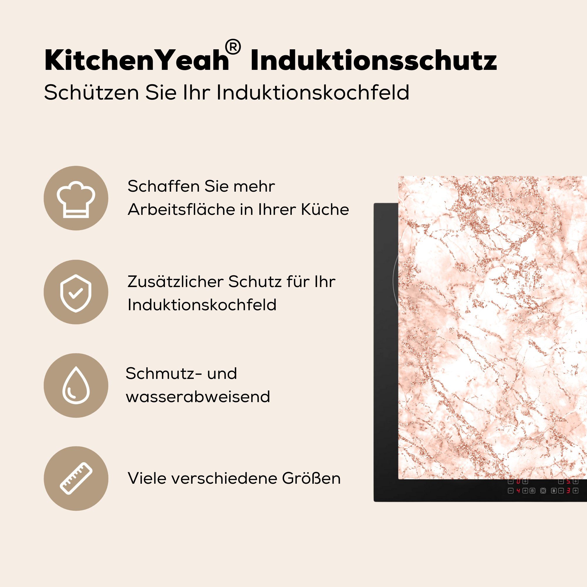 MuchoWow Herdblende-/Abdeckplatte Marmor tlg), - Vinyl, 78x78 Rosa, küche Weiß Arbeitsplatte für (1 - Ceranfeldabdeckung, cm