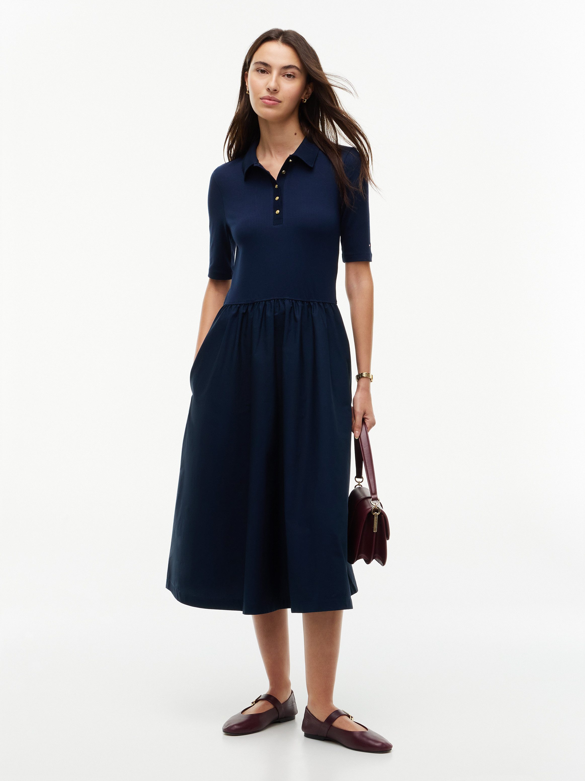Tommy Hilfiger Midikleid 5X2 RIB F&F MIDI S/S POLO DRESS Baumwolle, figurbetont, in gerippter Struktur