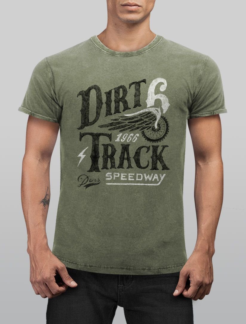 Neverless Print-Shirt Cooles Vintage Used Dirt Herren Angesagtes Track oliv mit Aufdruck Look Fit T-Shirt Neverless® Print Racing Shirt Slim