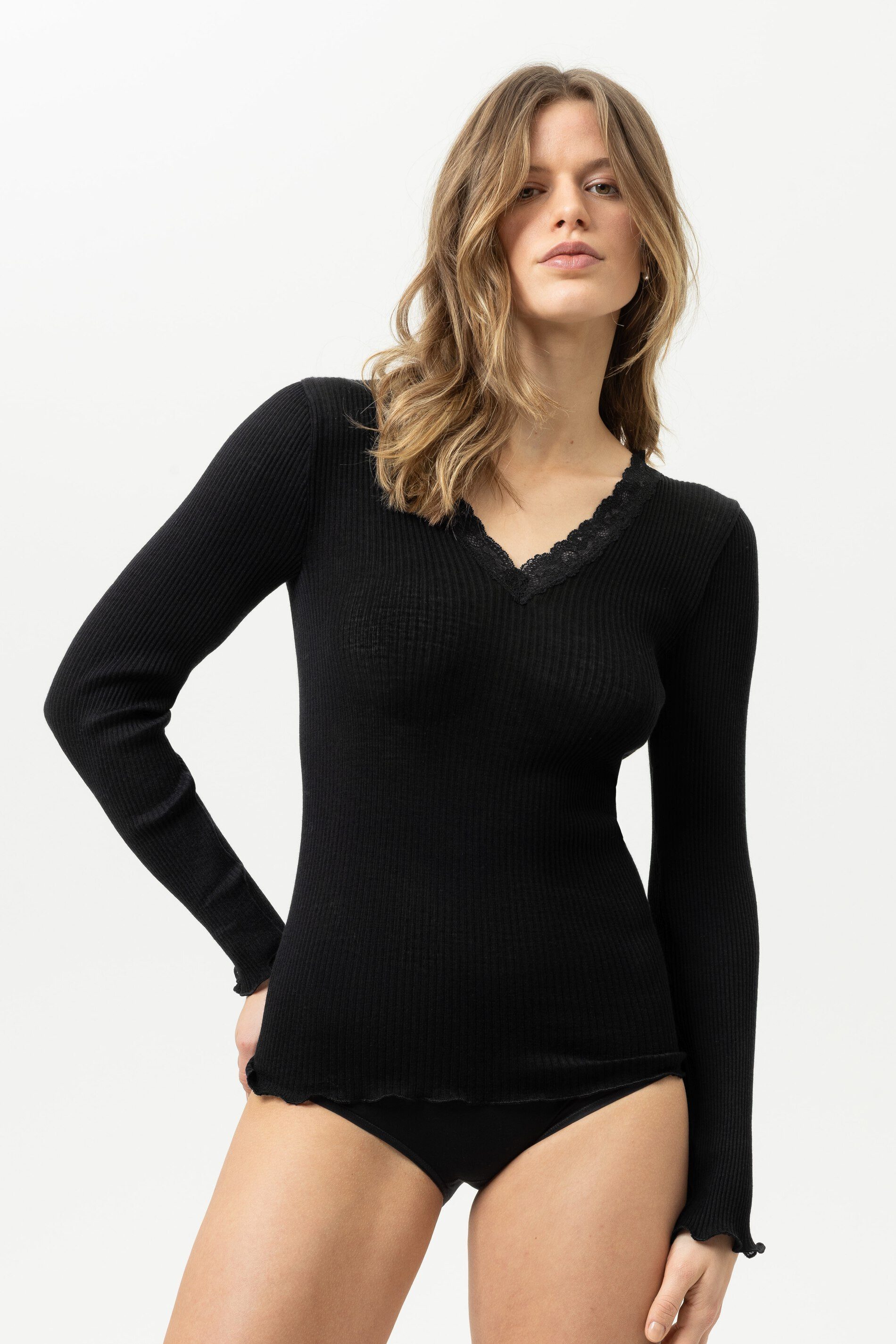 Mey Langarmshirt Mey T-Shirt langarm Serie Wool Expressive Uni (1-tlg) Longsleeve mit Spitze, Feinripp, Wolle-Seiden-Mix, Rollsaum
