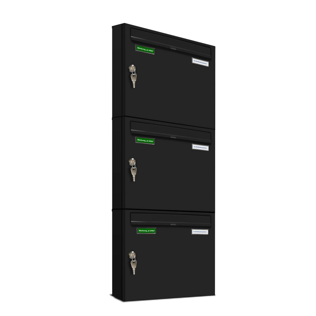 AL Briefkastensysteme Wandbriefkasten 3 Fach Basic Briefkasten A4 in RAL Farbe 9005 Tief Schwarz wetterfest