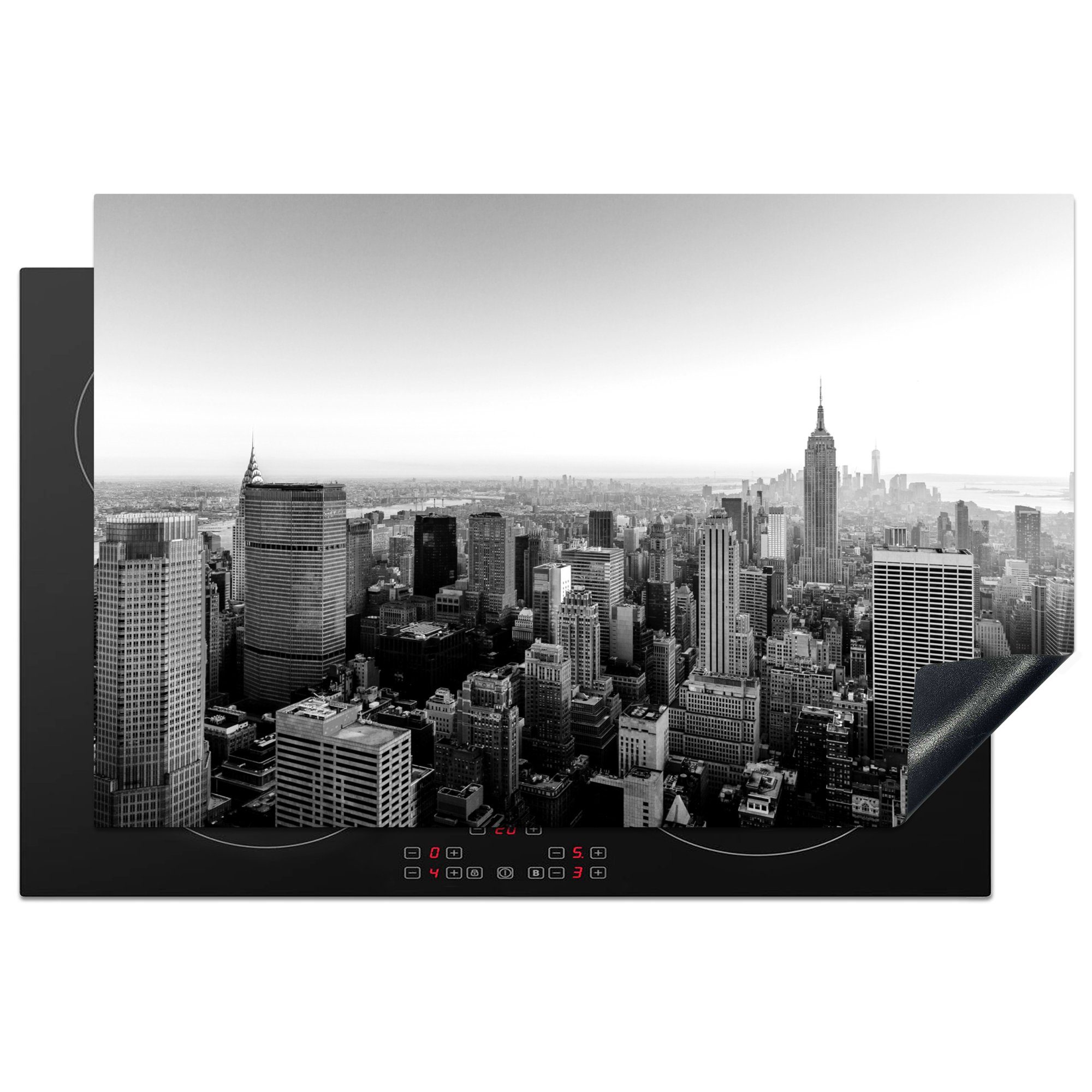 MuchoWow Herdblende-/Abdeckplatte Sonnenaufgang an der New Yorker Skyline - schwarz und weiß, Vinyl, (1 tlg), 81x52 cm, Induktionskochfeld Schutz für die küche, Ceranfeldabdeckung
