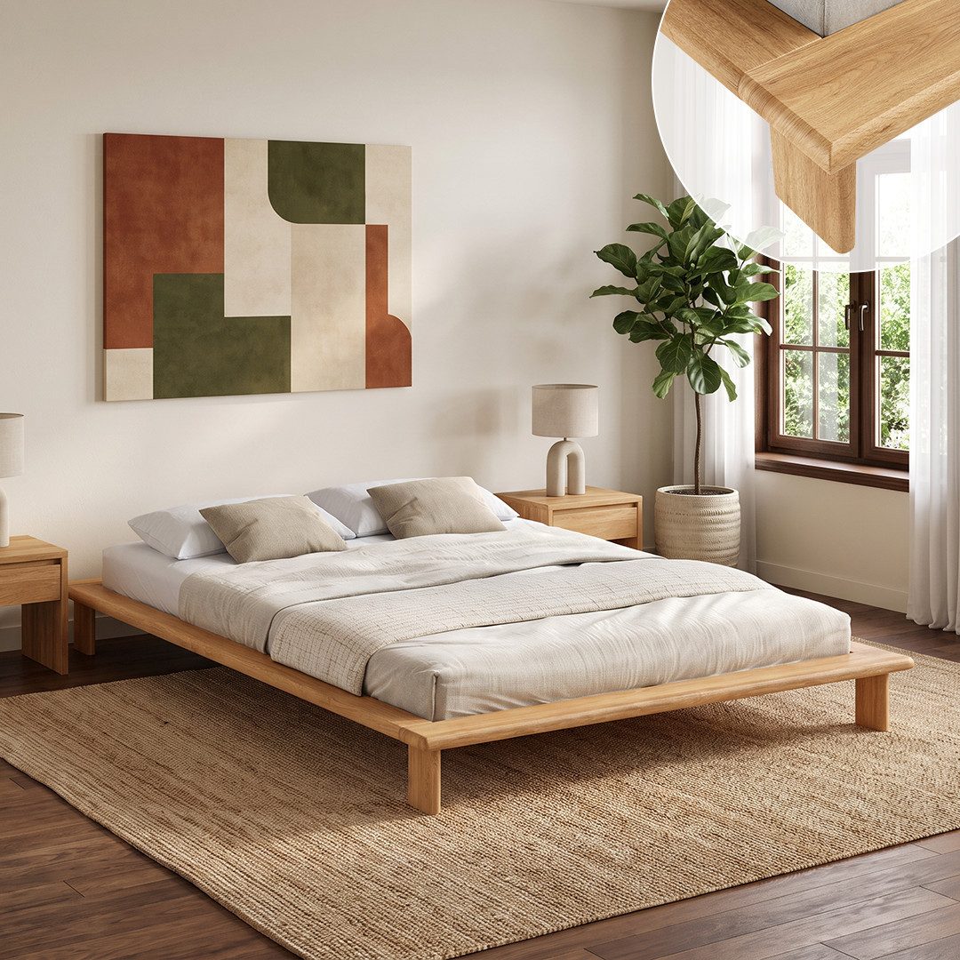 skølm Futonbett Skald aus Massivholz Eiche, Holzbett 25 cm hoch (Natur, 140x200 cm), Massivholzbett geölt & lackiert, in 120/160/180x200 cm verfügbar