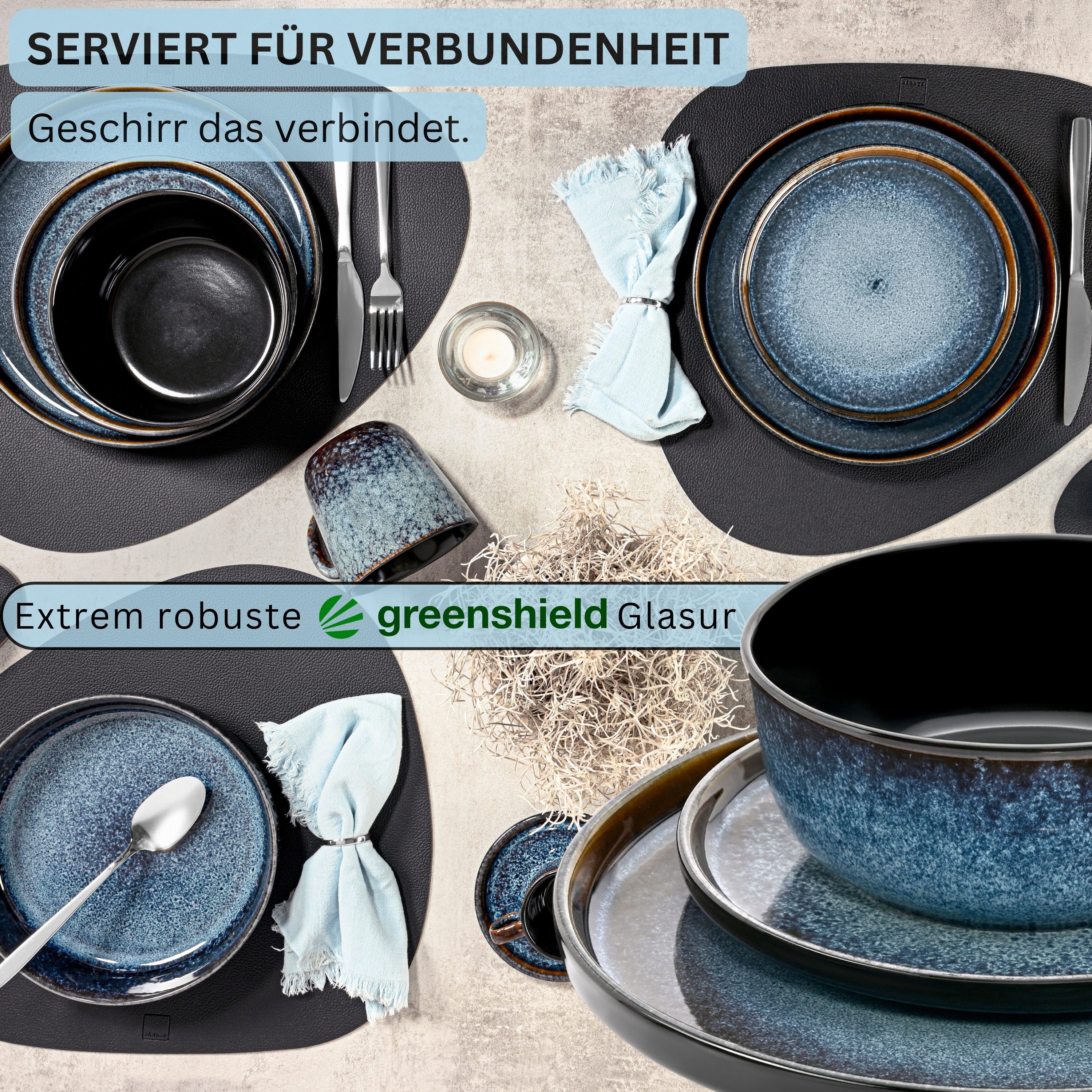 SÄNGER Geschirr-Set Osaka Blau mit schwarzem Rand (24-tlg), 6 Personen, Steingut, Tafelservice, Handmade, Erweiterbar, VALUE COLLECTION