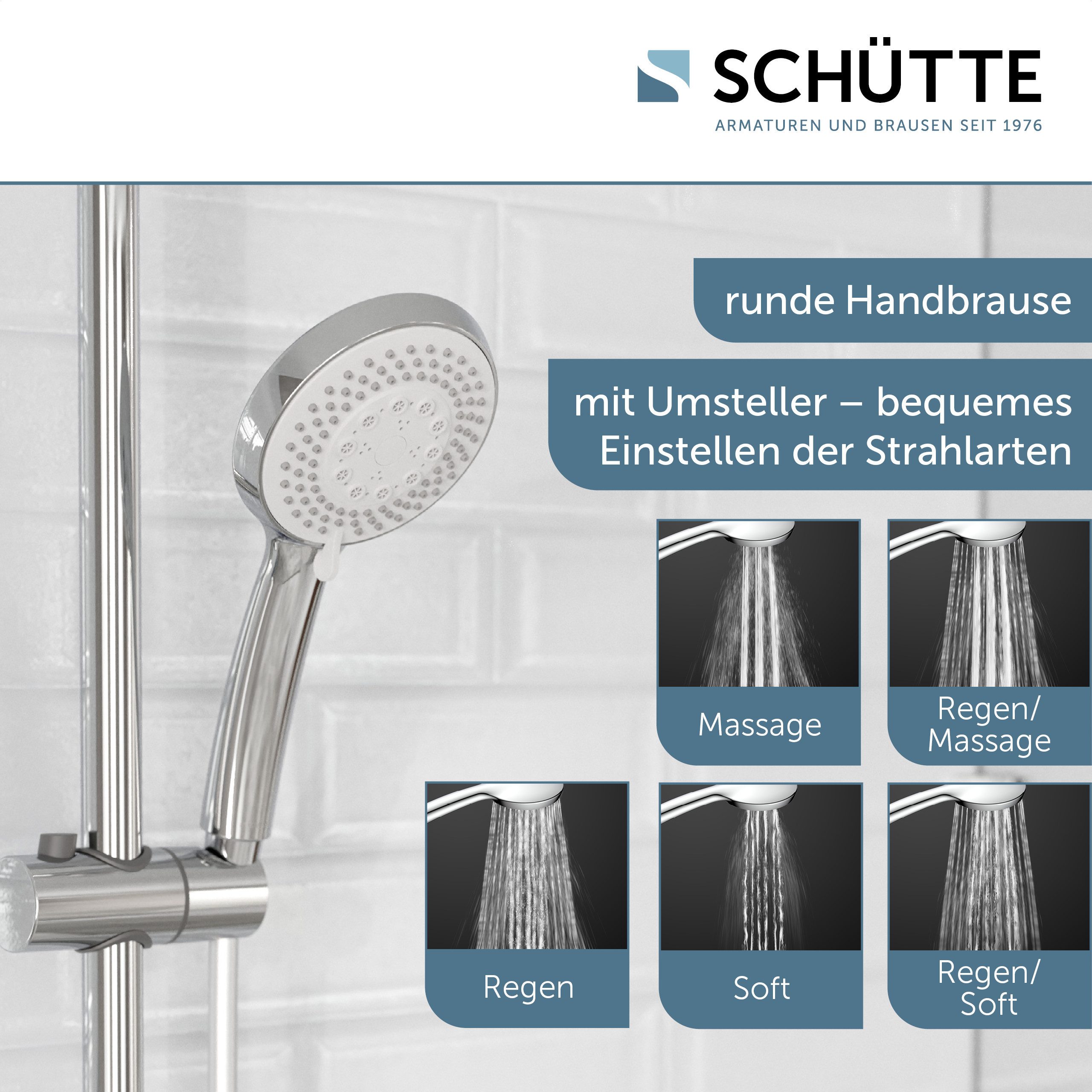 Schütte Handbrause TORINO, Handbrause, 5 Strahlarten, Antikalk, Schlauch knickfest