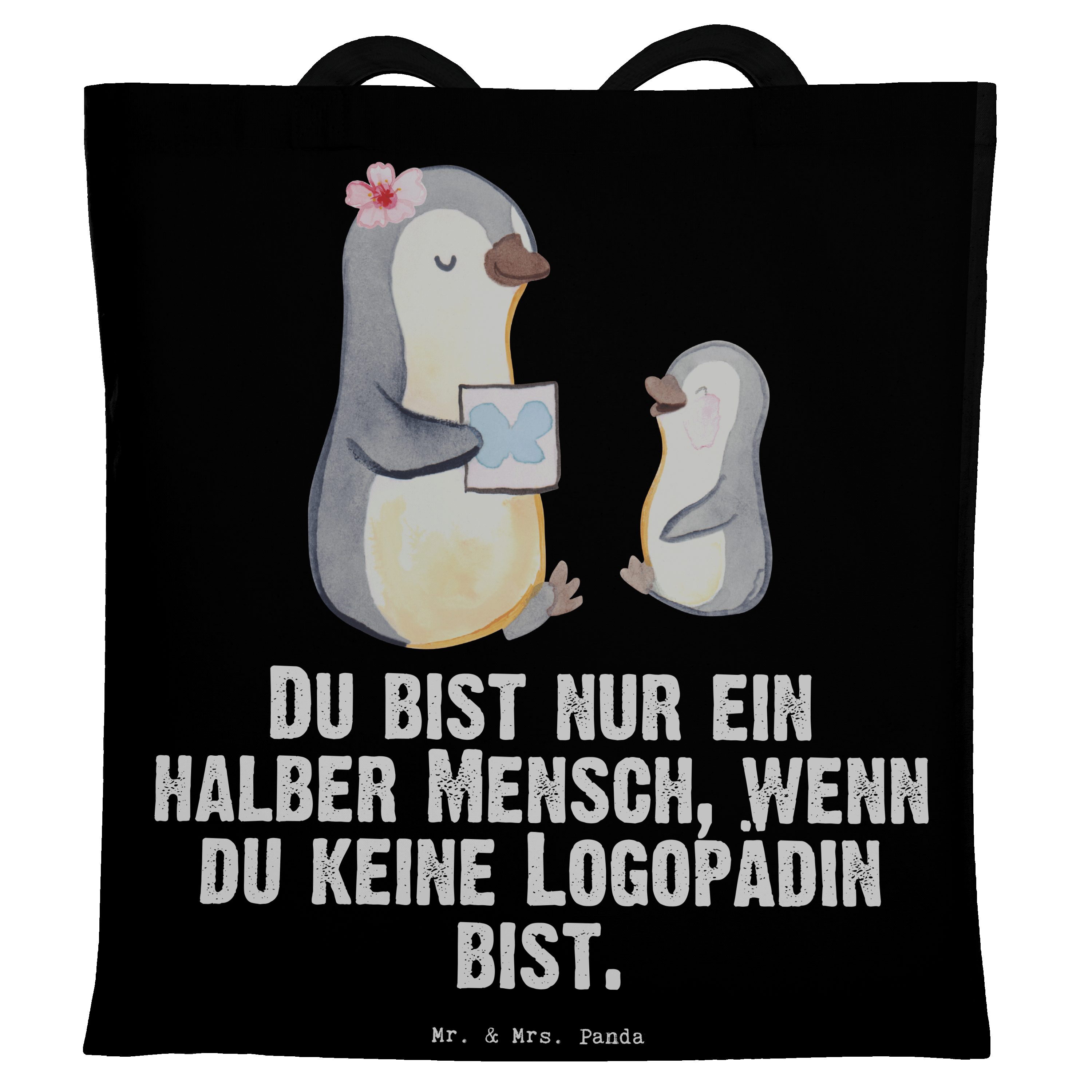 Mr. & Mrs. Panda Tragetasche Logopädin mit Herz - Schwarz - Geschenk, Studium, Beuteltasche, Rente (1-tlg)