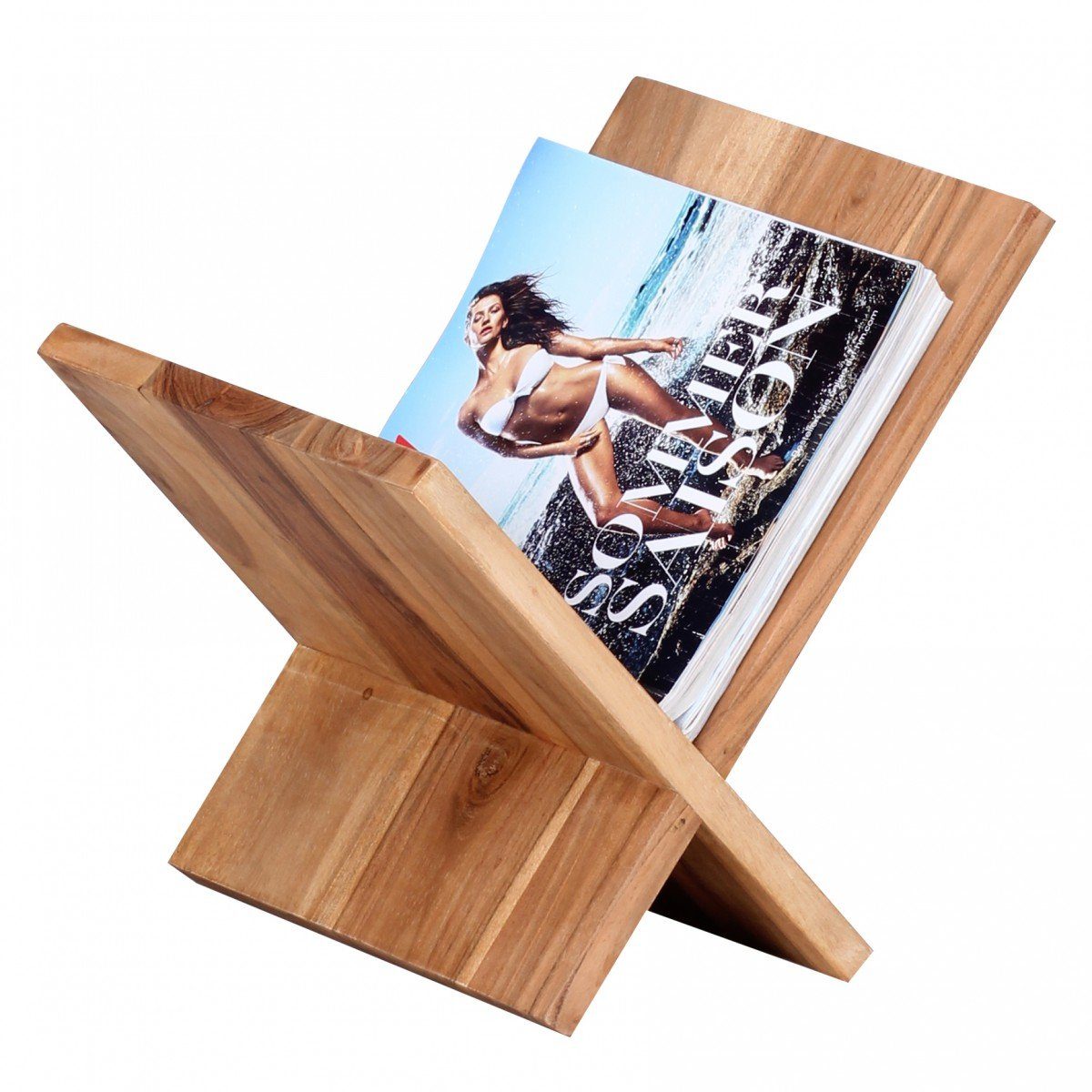 FINEBUY SuVa2549_1 Massivholz Zeitschriftenständer Prospekthalter (Zeitschriftenständer Modern, Buchständer), Akazie Massivholz X-Form 31 cm, Prospekthalter