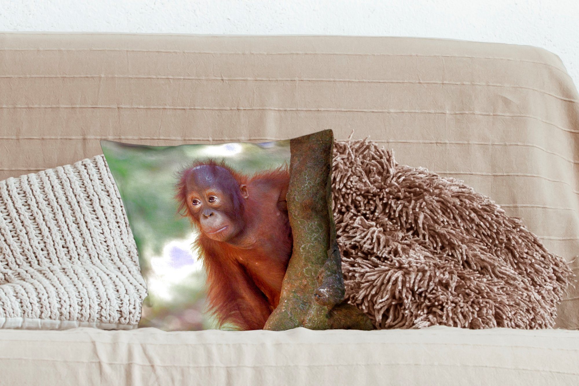 Schlafzimmer, Sofakissen Wohzimmer, Deko, Füllung Orang-Utan - mit Baum, für Zierkissen Baby MuchoWow - Dekokissen