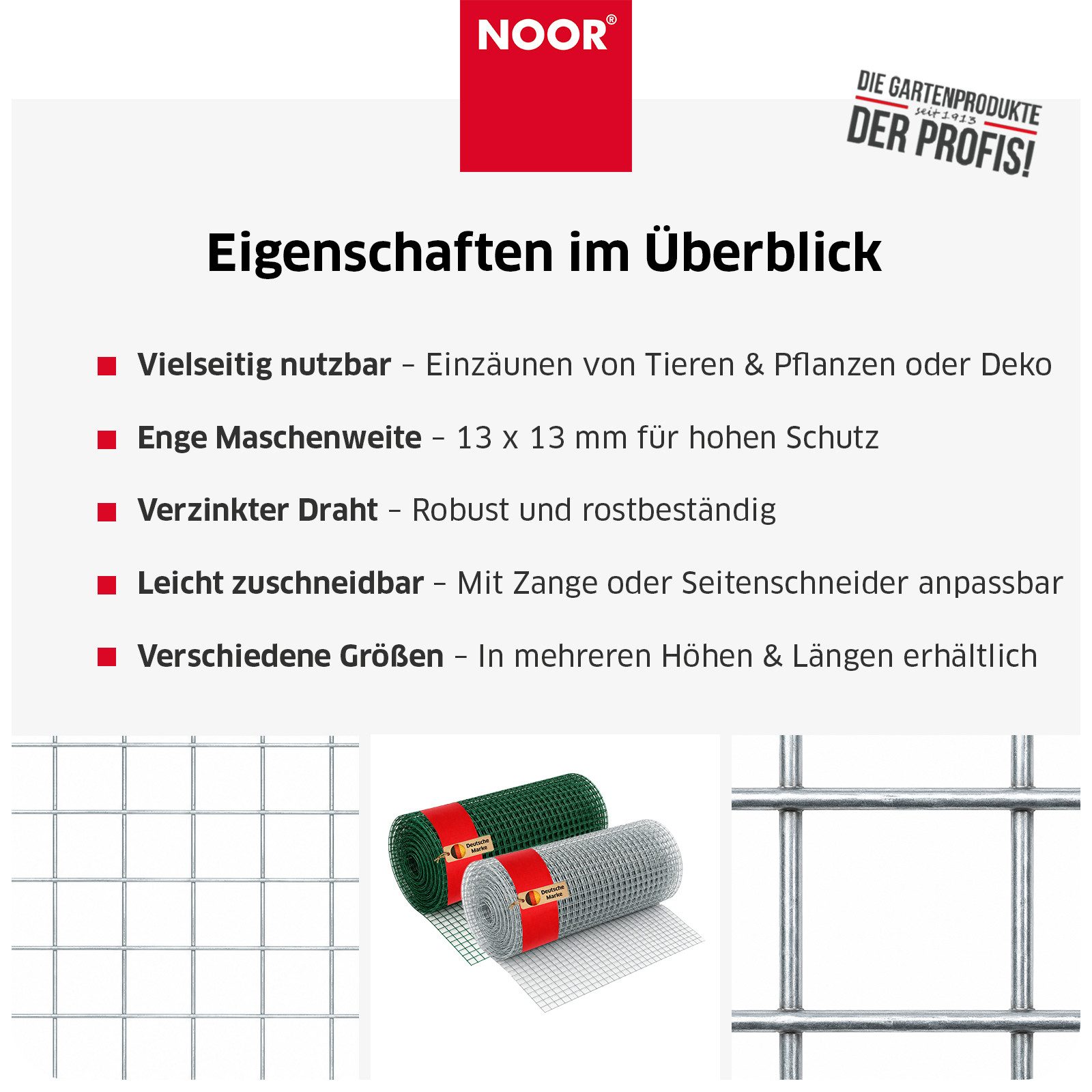 NOOR Maschendrahtzaun Drahtgitter - Pflanzenschutz in verschiedenen Größen und Maschenweiten, Robuster Drahtzaun - flexibel einsetzbar für Garten & Tierbereiche