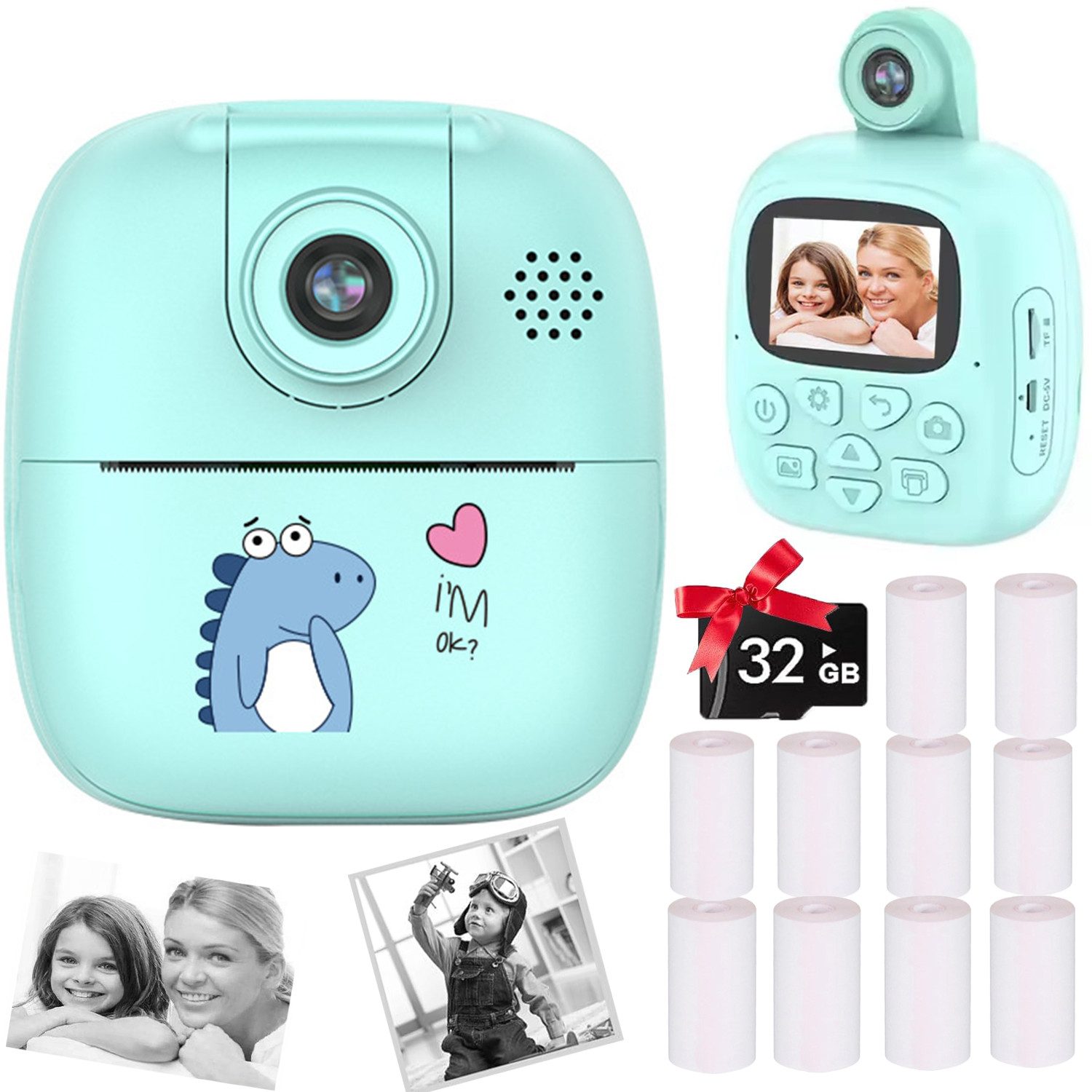 Spielzeug-Kamera Kinder Kamera,2.0-Zoll,32GB,10Rollen Fotopapier,180°umkehrbare Linse