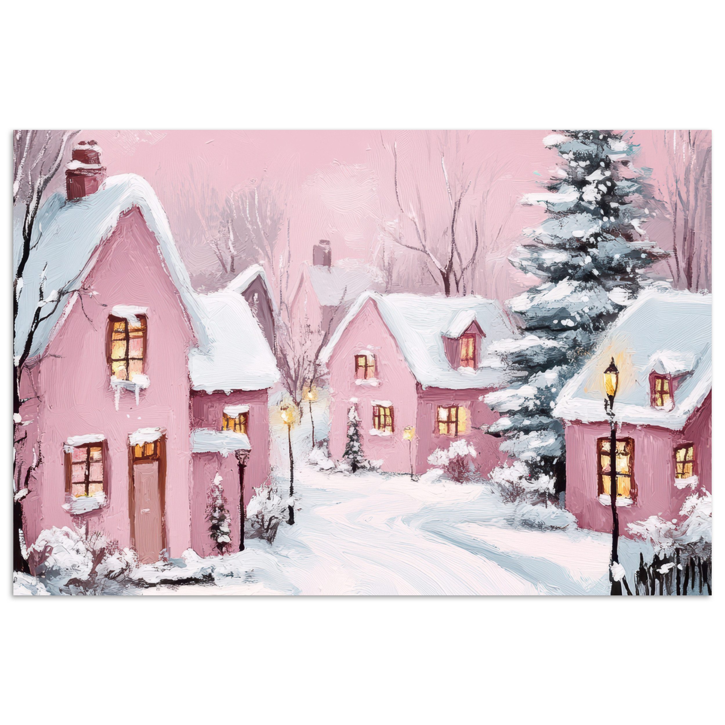 MuchoWow Poster Weihnachtsdorf - Rosa - Winter - Schnee - Häuser, (1 St), Poster ohne Rahmen, Wandbild, Wandposter, 30x20 cm