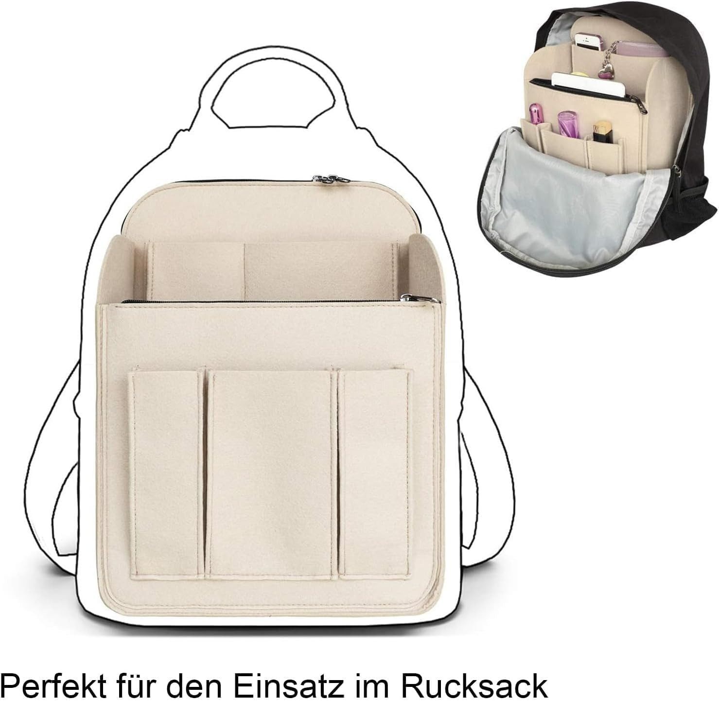 FELIXLEO Taschenorganizer Filz Rucksack Organizer Reißverschluss Beige Klein