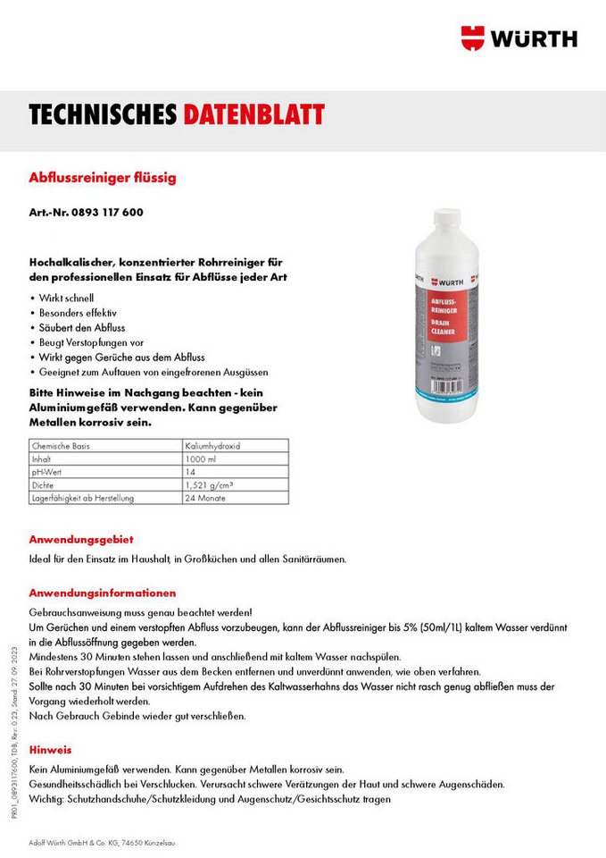 Thumbnail - Würth 3 x Abflussreiniger Flüssig Rohrfrei Abflussfrei 1000 ml 0893117600 Rohrreiniger (3tlg., [3-St)