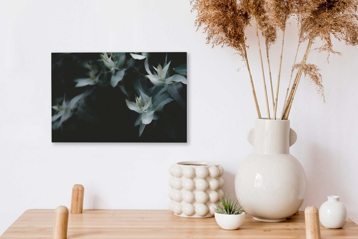 OneMillionCanvasses® Leinwandbild Eukalyptuszweige auf dunklem Wanddeko, Wandbild St), cm Leinwandbilder, Aufhängefertig, Hintergrund, 30x20 (1