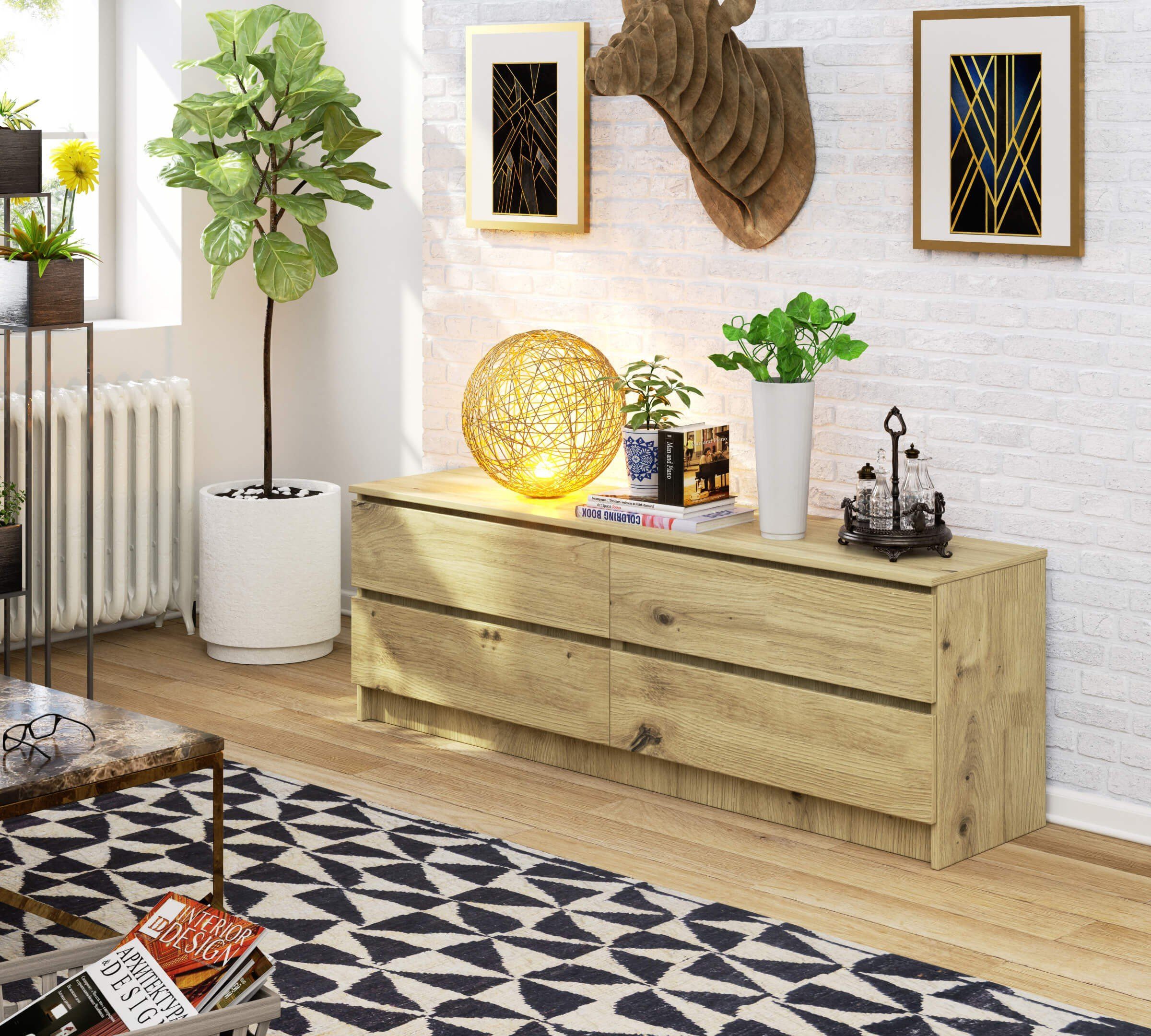 Raumhirsch Furniture Kommode mit 4 Schubladen 160 cm breit Holz Schrank, (viele Farbvarianten - Maße: 160 x 55 x 40 cm) - Hochwertig & stabil