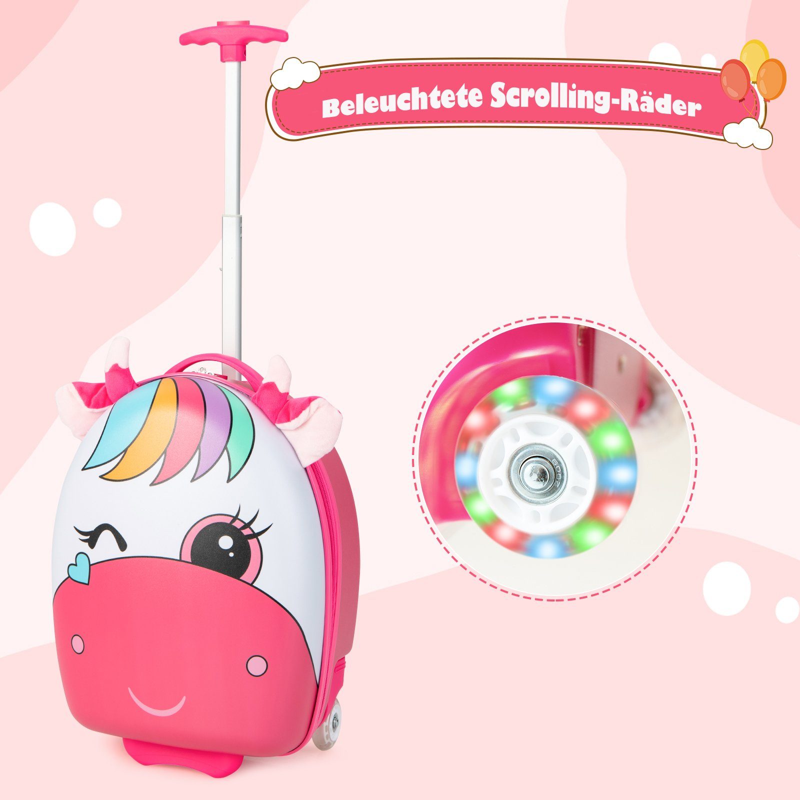 COSTWAY Kinderkoffer 16'' Kindertrolley, mit 2 LED Rädern