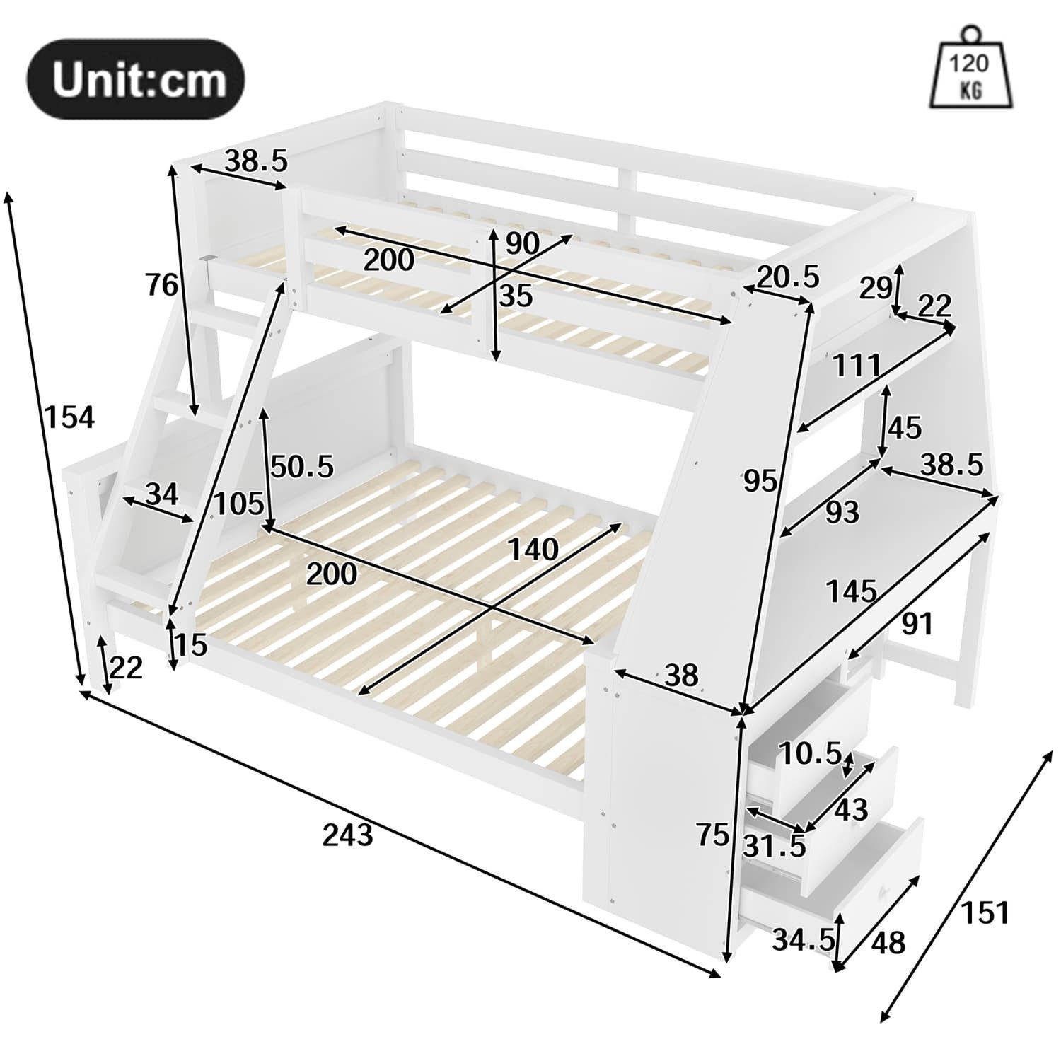 autolock Kinderbett Etagenbett,Kinderbett,Hochbett,ausgestattet mit Tisch,großer Stauraum, hohes Geländer,Leiterposition optional,90*200cm+140*200cm