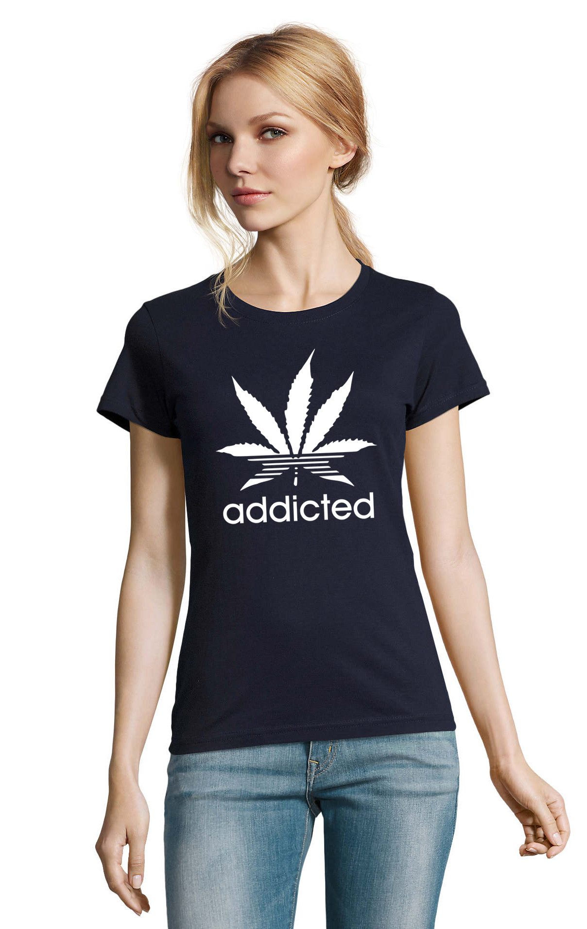 Blondie & Brownie T-Shirt Addicted Damen T Shirt Statement Print Rundhals Baumwolle Style (Einzelstück, Einzelartikel) Urban Statement Damen Printshirt