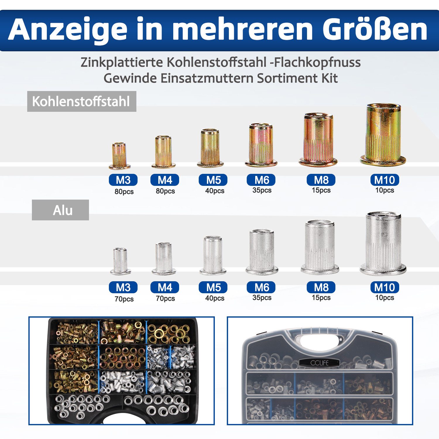 CCLIFE Niete 500tlg Nietmuttern Sortiment M3 M4 M5 M6 M8 M10 Flachkopf