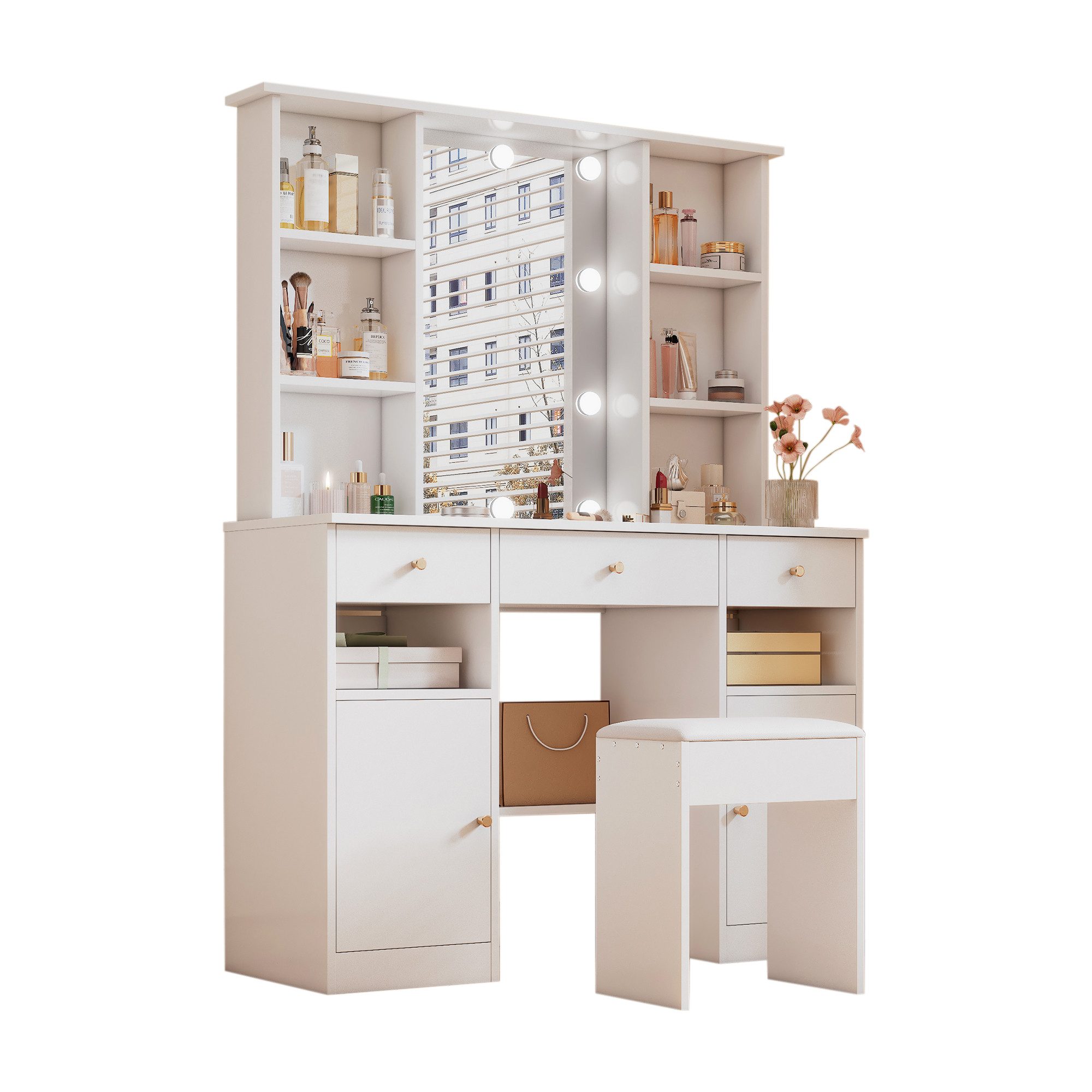 i@home Schminktisch Großer Schminktisch mit LED-Beleuchtung, Spiegel & Hocker, Weiß (Schminktisch-Set mit Hocker), Kosmetiktisch mit 3 Schubladen, 2 Türen & Ablagen – B110/H151/T40cm
