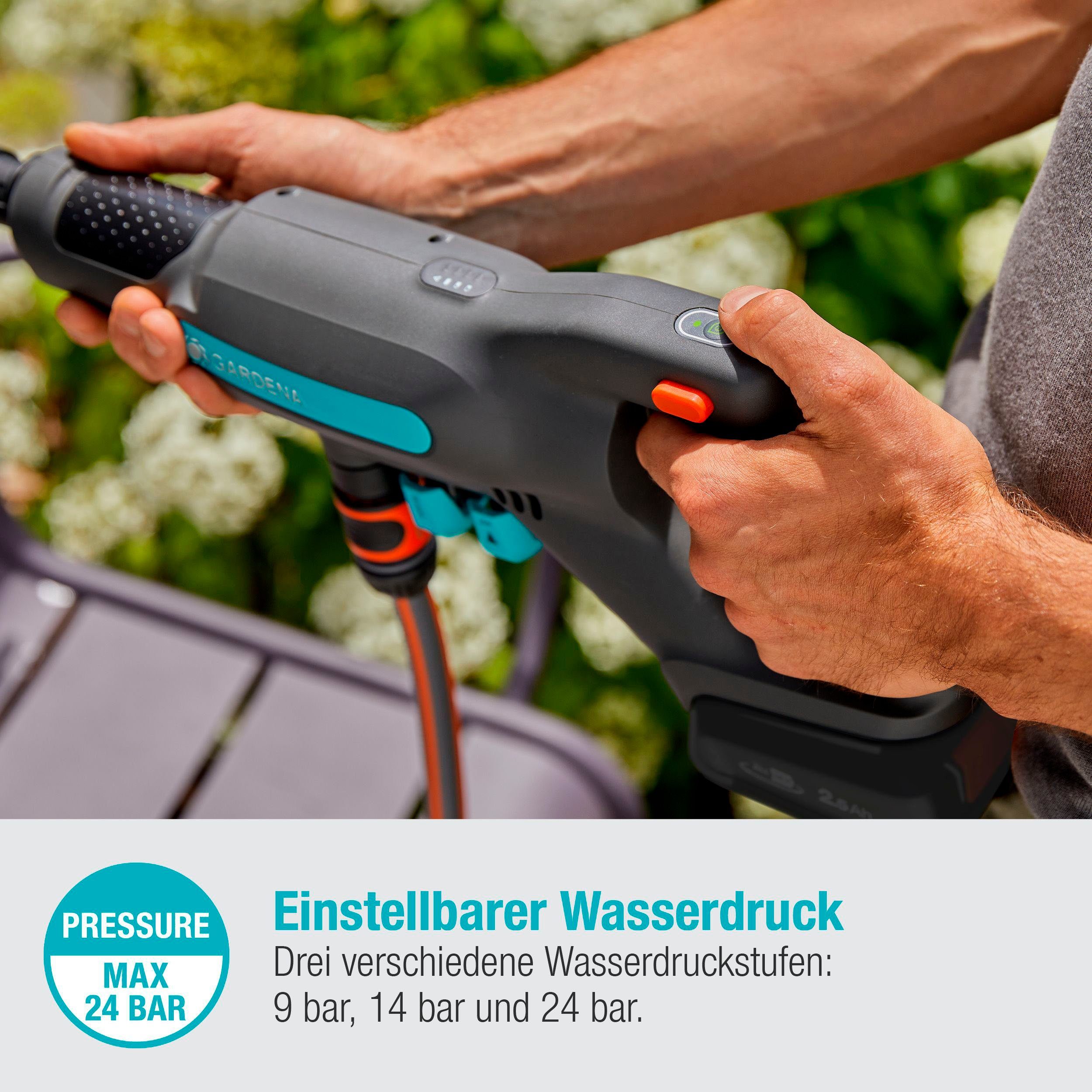 max: l/h, und 24 Akku-Mitteldruckreiniger Akku max: (3 Fördermenge Ladegerät solo, bar, 24/18V ohne tlg), GARDENA P4A Druck 250 AquaClean