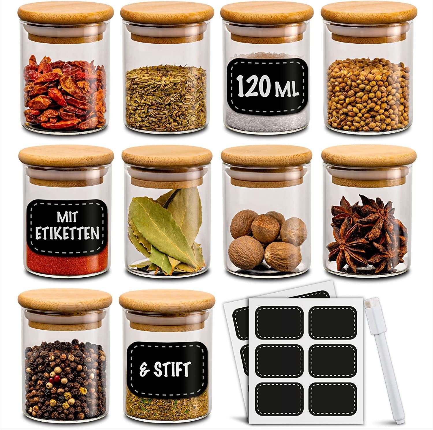Praknu Vorratsglas Gewürzbehälter 10er Set 120ml mit Etiketten und Stift zum Beschriften, Glas, (Set, 10-tlg), mit 10 Etiketten - 120 ml Groß - Luftdicht - Spülmaschinenfest