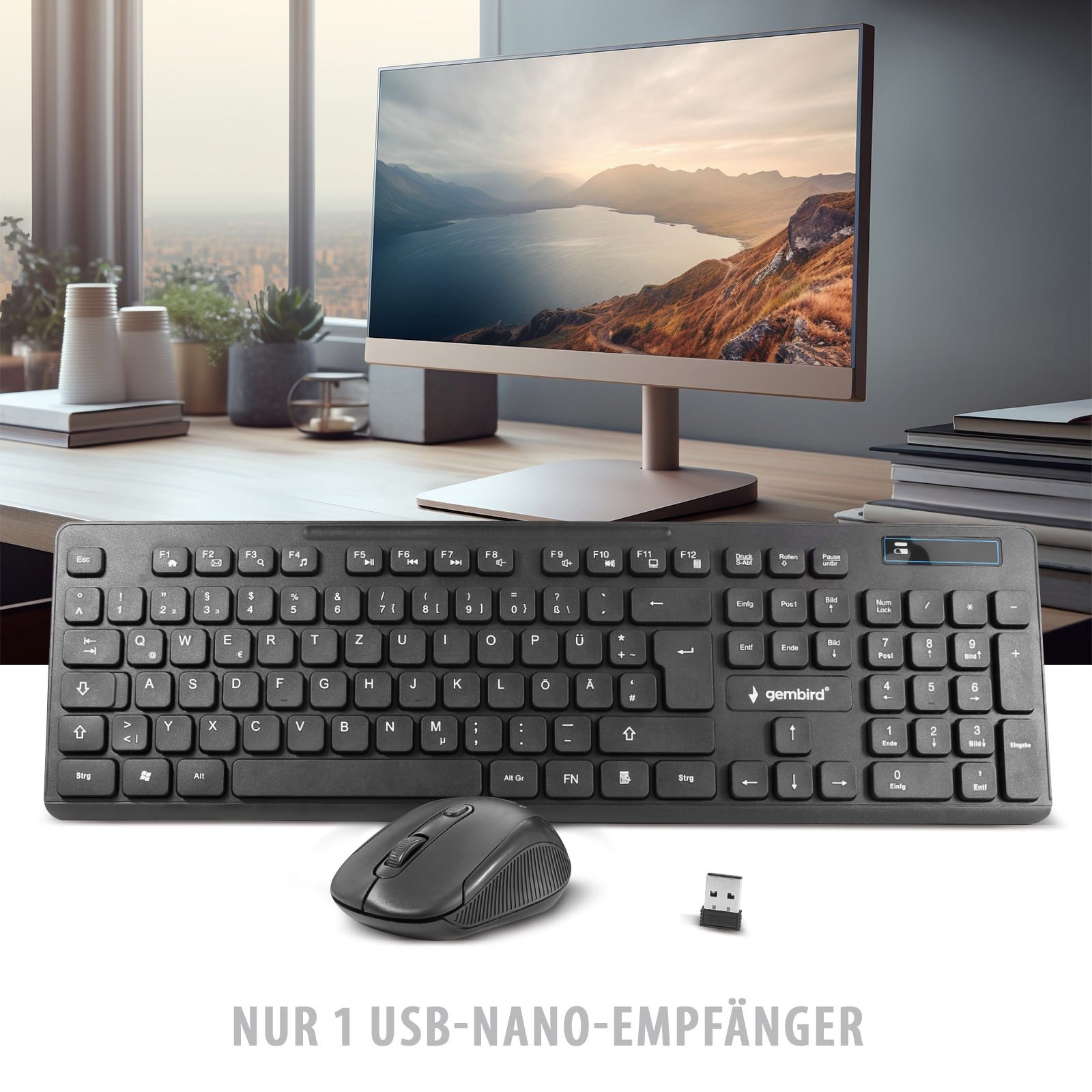 Gembird KBS-WCH-03-DE USB - Ergonomisches Funk Wireless Tastatur- und Maus-Set, Kabellos