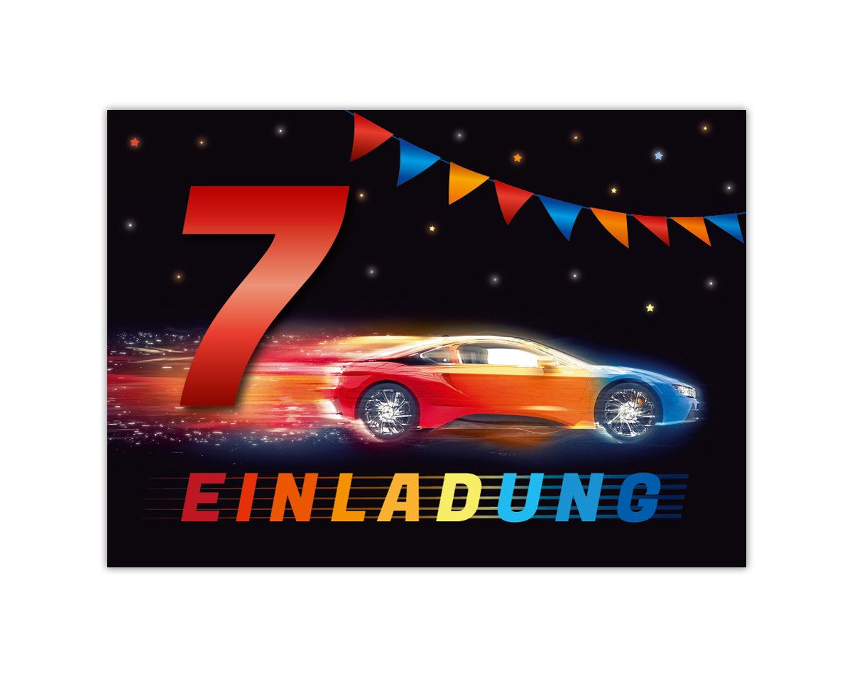 JUNAPACK Einladungskarten Auto zum 7. Kindergeburtstag Jungen Einladungen Rennauto, Einladungskarten mit einem Auto Motiv zum 7. Geburtstag