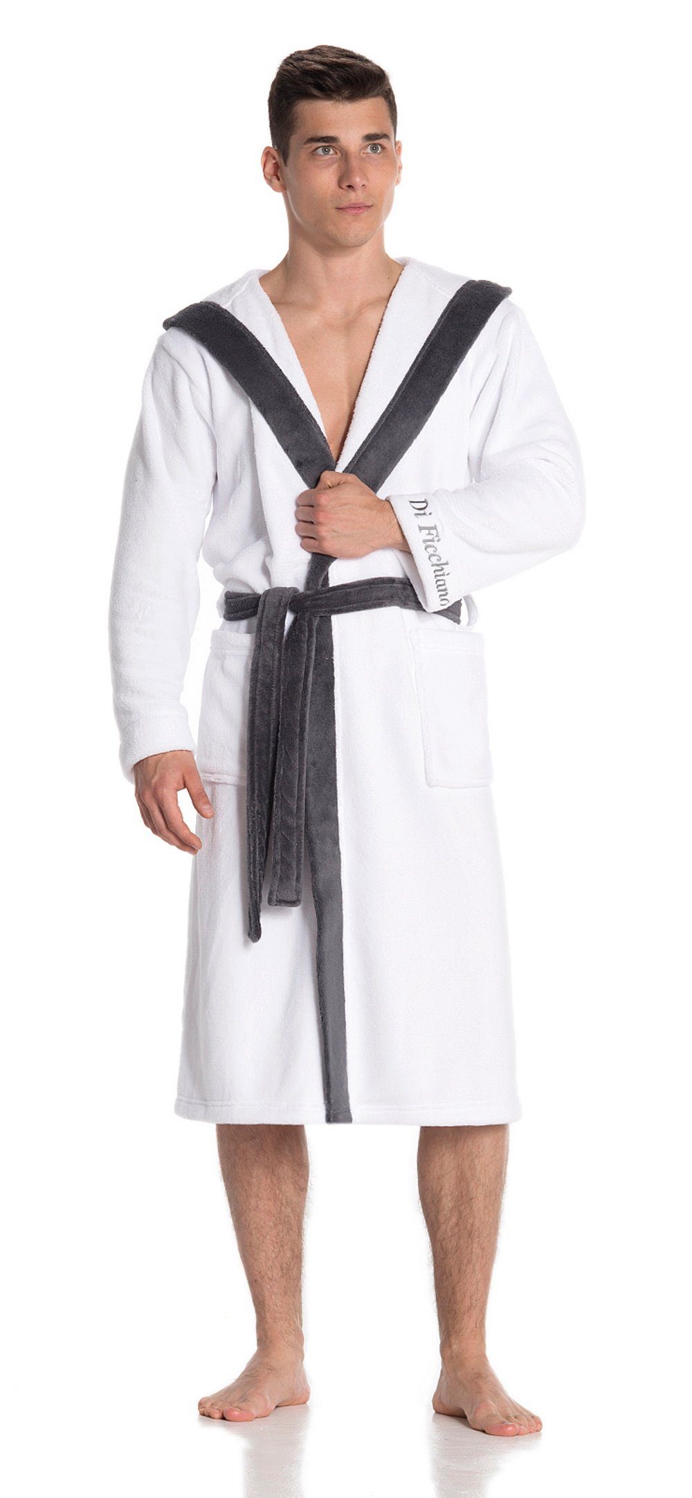 Di Ficchiano Bademantel Di Ficchiano Herren Bademantel MONZA mit Kapuze, wadenlang, Polyester, Weitenverstellung, Bindegürtel