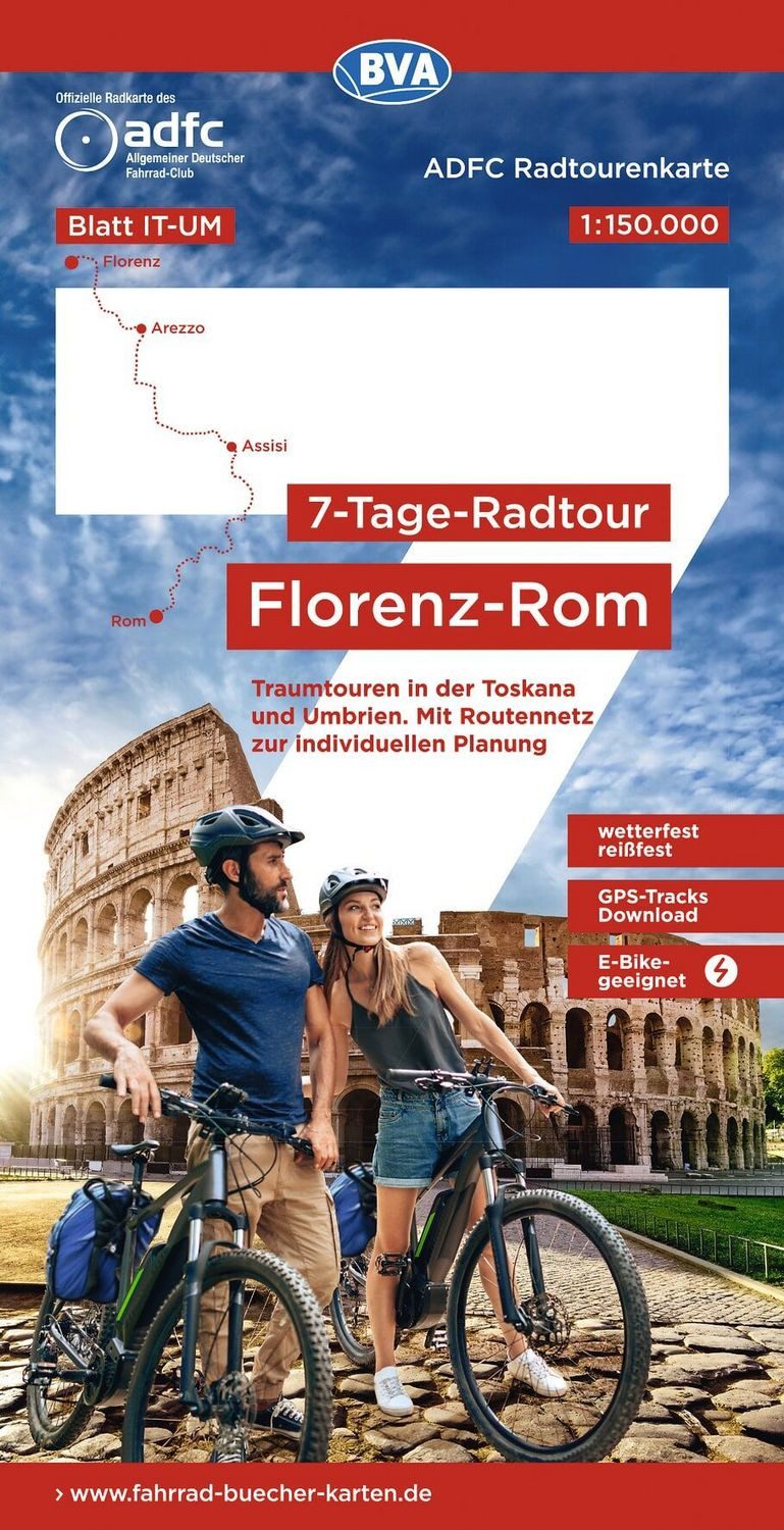 BVA ADFC Radtourenkarte 7-Tage-Radtour Florenz-Rom, 1:150.000 reiß- un / diverse, reiß- und wetterfest, E-Bike geeignet, GPS-Tracks Download, mit Kilometer-Angaben, Traumtouren in der Toskana und Umbrien. Mit Routennetz zur individuellen Planung