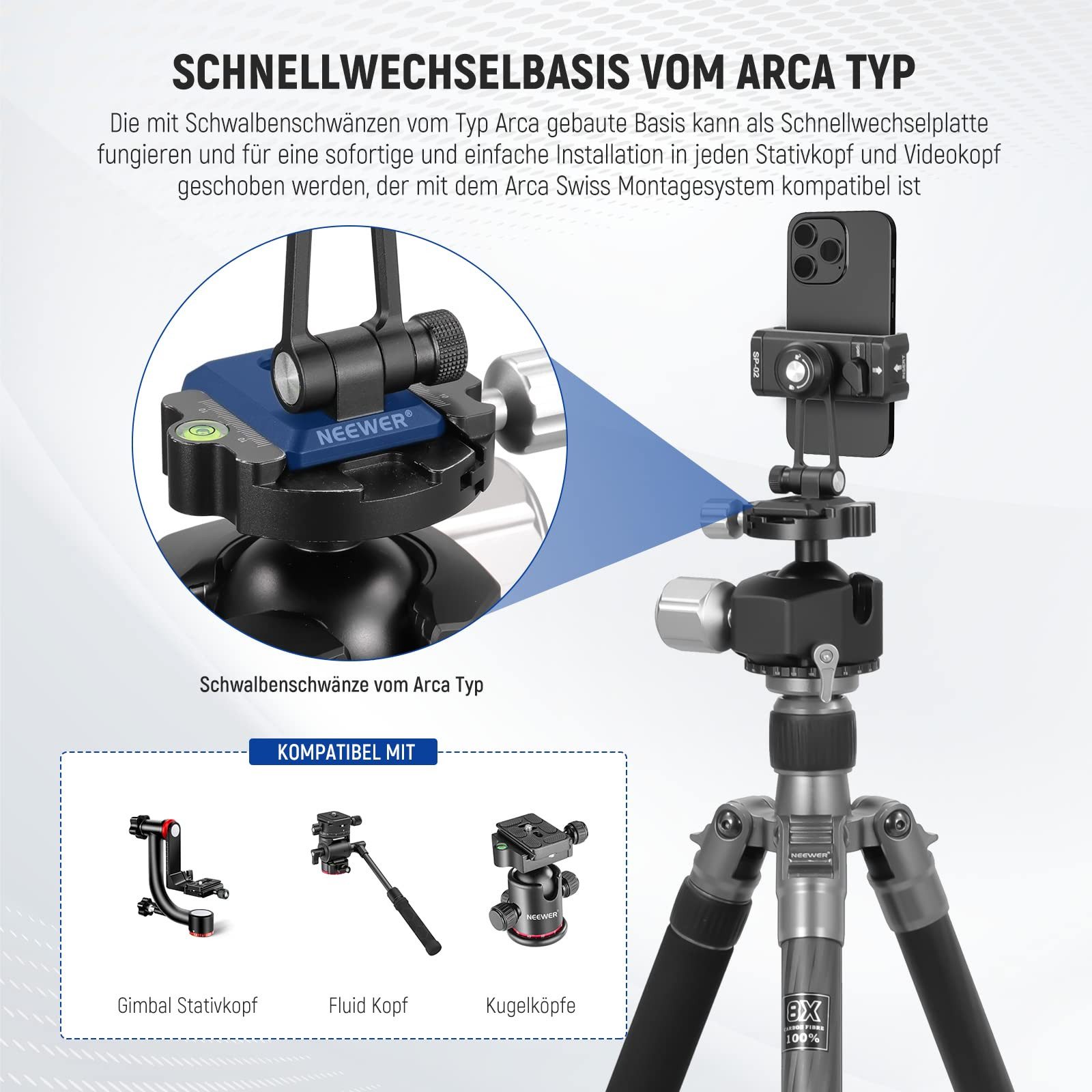 Neewer Handy-Halterung SP-02 Metall Handy Stativ Mount Adapter Halterung, mit Arca Basis, (bis 3.8 Zoll, Packung, 270° Drehung, 2 kalte Schuhe, Telefonhalterkle – Bild 5 von 5