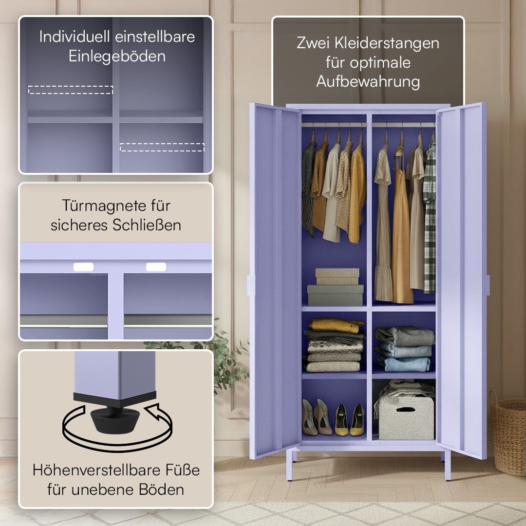 skølm Kleiderschrank Ituri aus Metall (Lila) Metallschrank mit 6 Fächern & 2 Kleiderstangen, 170x80x45 cm