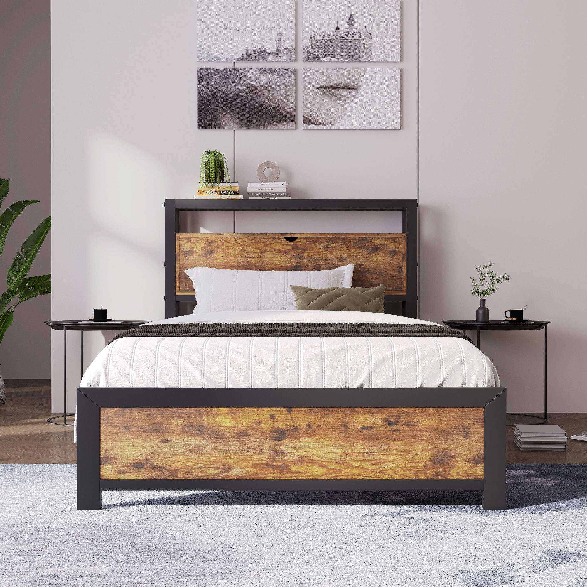 Merax Metallbett, mit Stauraum Vintage, Einzelbett günstig online kaufen