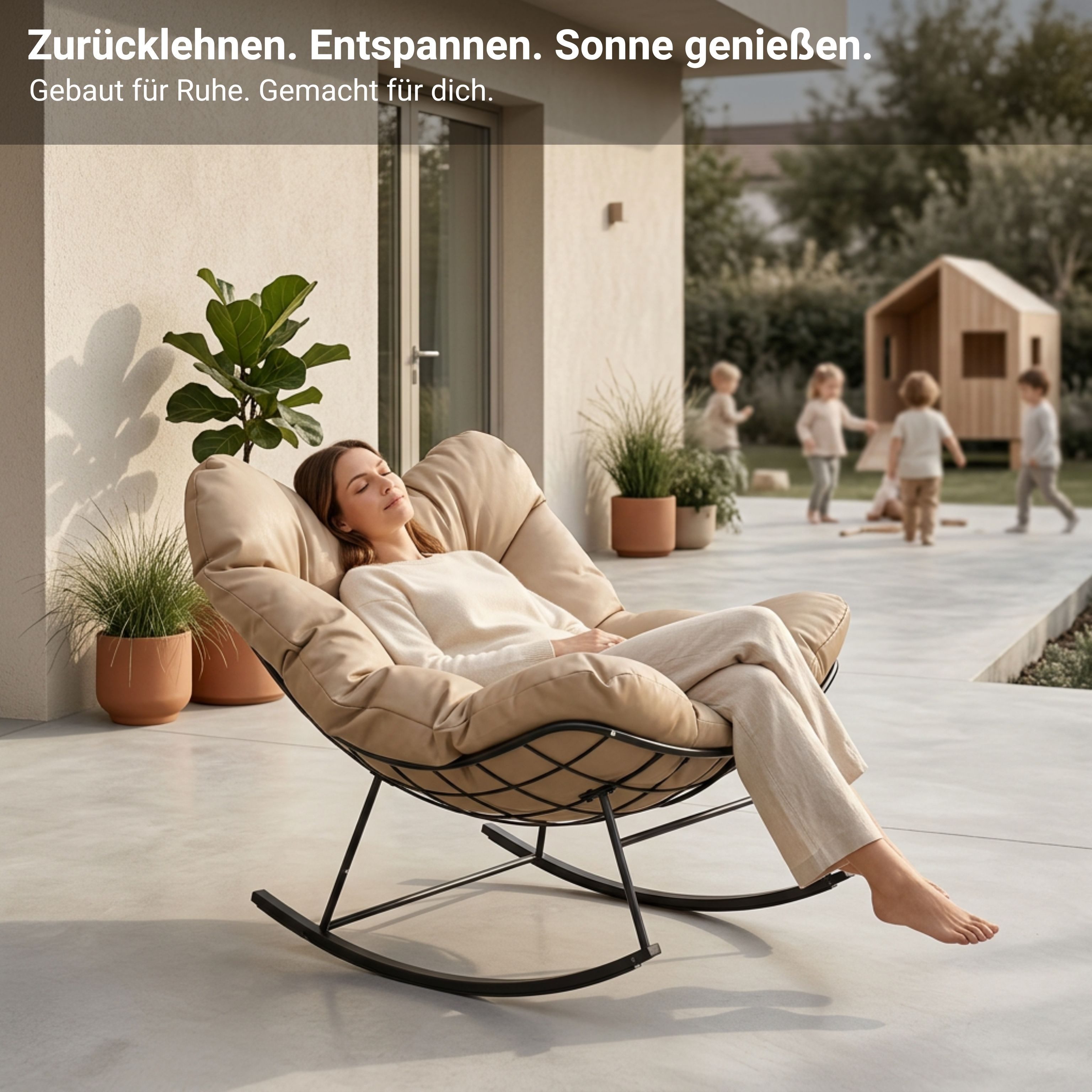 NovaTerra Gartenlounge-Set Stahl-Schaukelstuhl mit Kissen Größe: 110 × 92 × 63 cm, taupe, Rostbeständig dank Pulverbeschichtung, wasserabweisendes Kissen