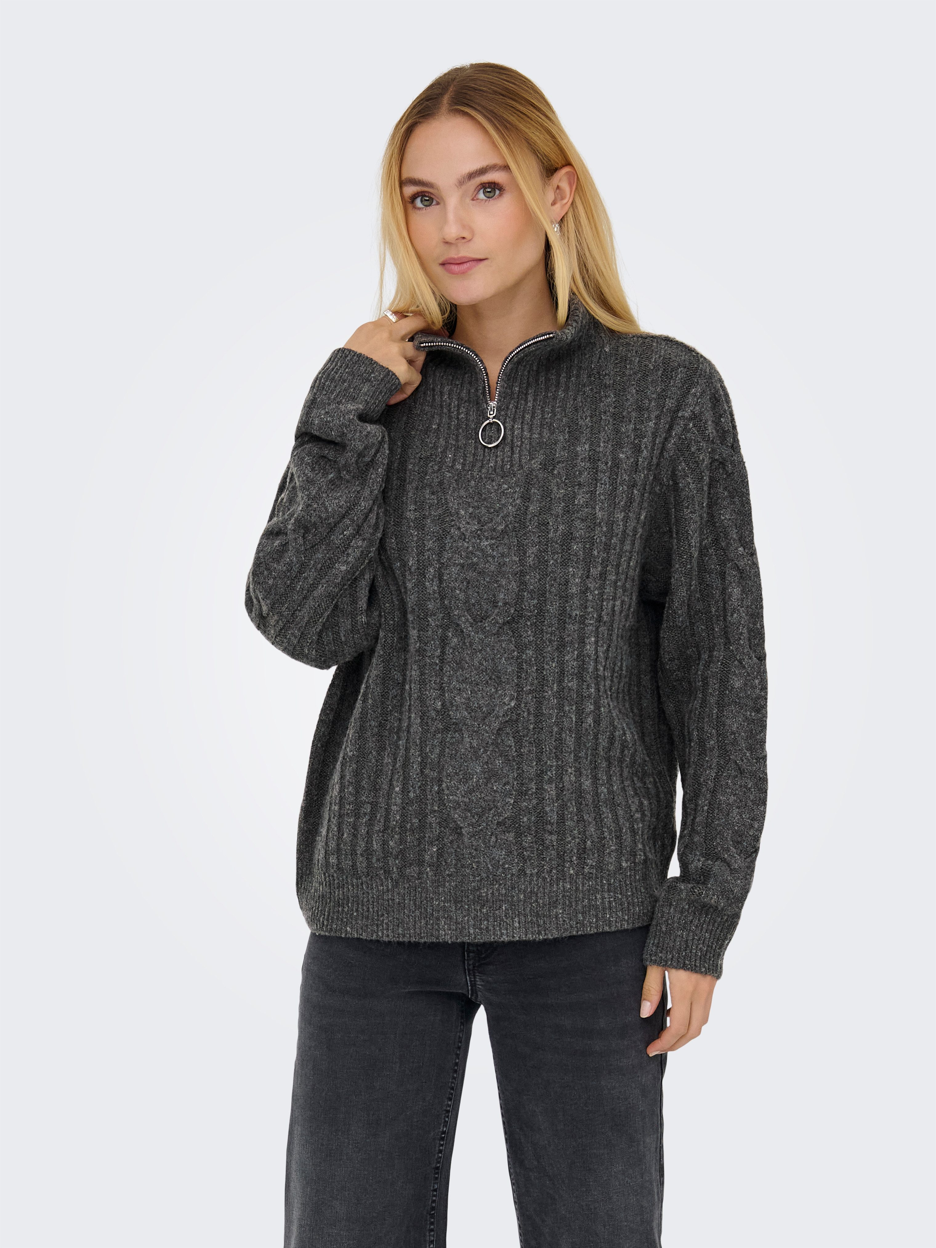 JDY Stehkragenpullover JDYANDREA L/S ZIP CABLE PULLOVE KNT NOOS