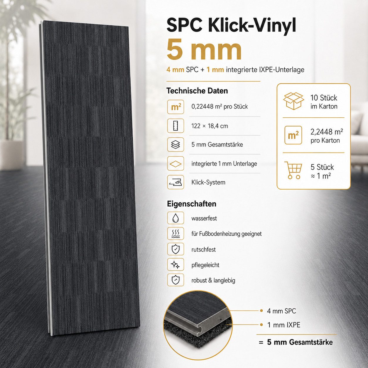 NoblesBox Designboden SPC Klick-Vinylboden 5 mm mit IXPE – wasserfest, kleberfrei, mit Trittschalldämmung, wasserfest, pflegeleicht