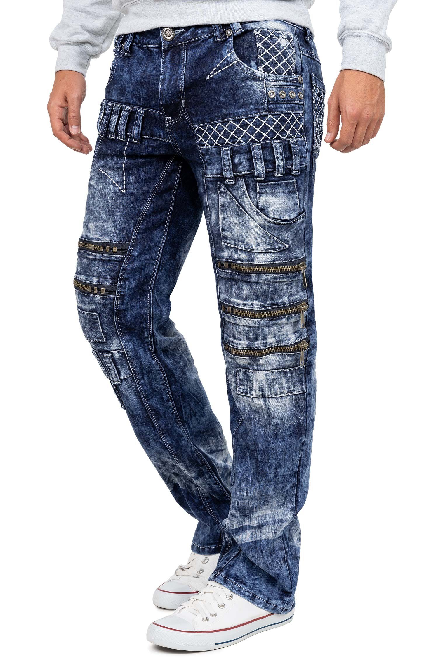 Kosmo Lupo 5-Pocket-Jeans Herren Regular Fit Hose Stonewashed KM8006 (1-tlg) Auffälliges Design mit kontrastierenden weißen Nähten – Bild 3 von 5