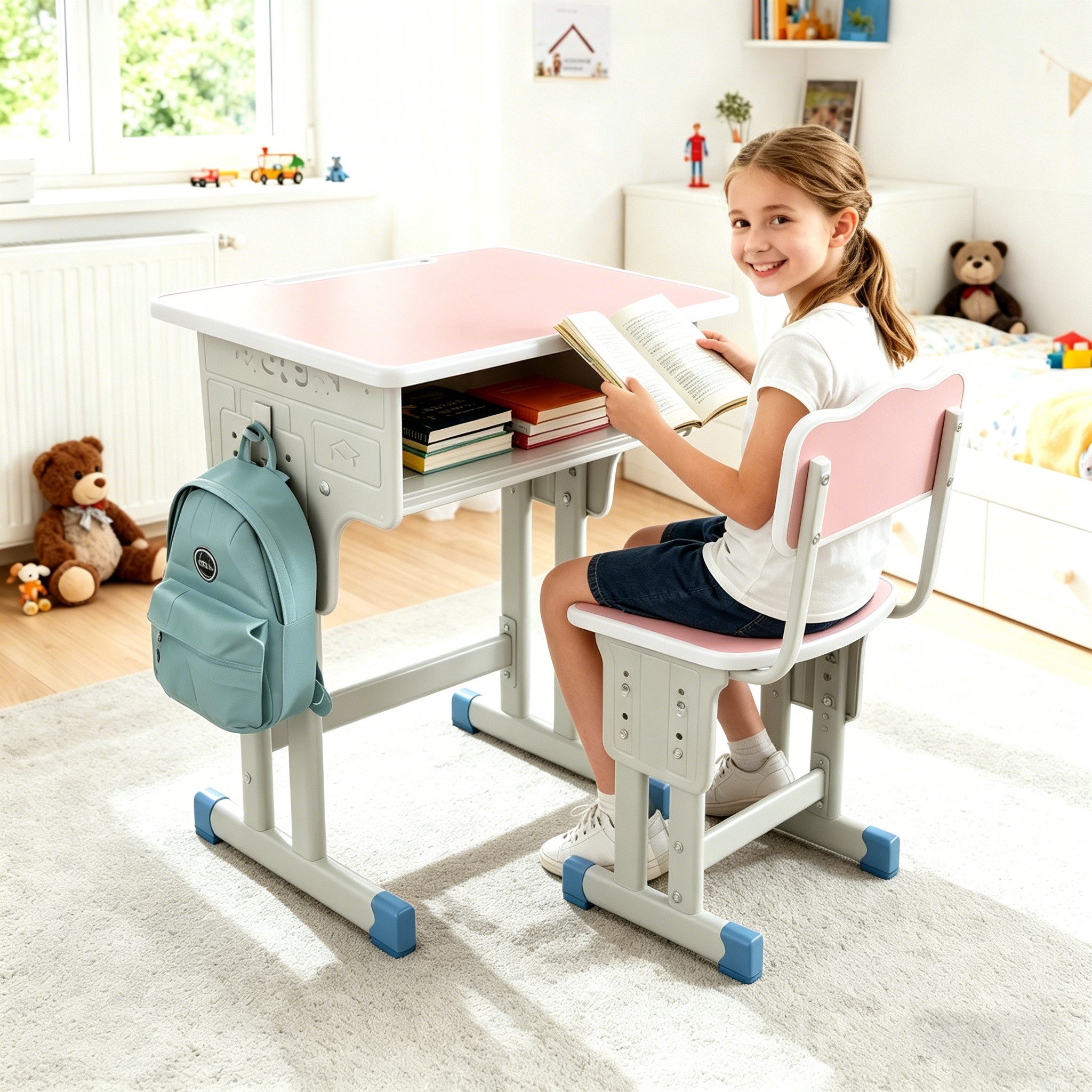 BBG Kinderschreibtisch Höhenverstellbares Kinder Schreibtisch Set mit Stuhl (Ergonomischer Lerntisch 60x40 cm, 4-Stufen Höhenverstellung, Ein Tisch, ein Stuhl), – Bild 2 von 5