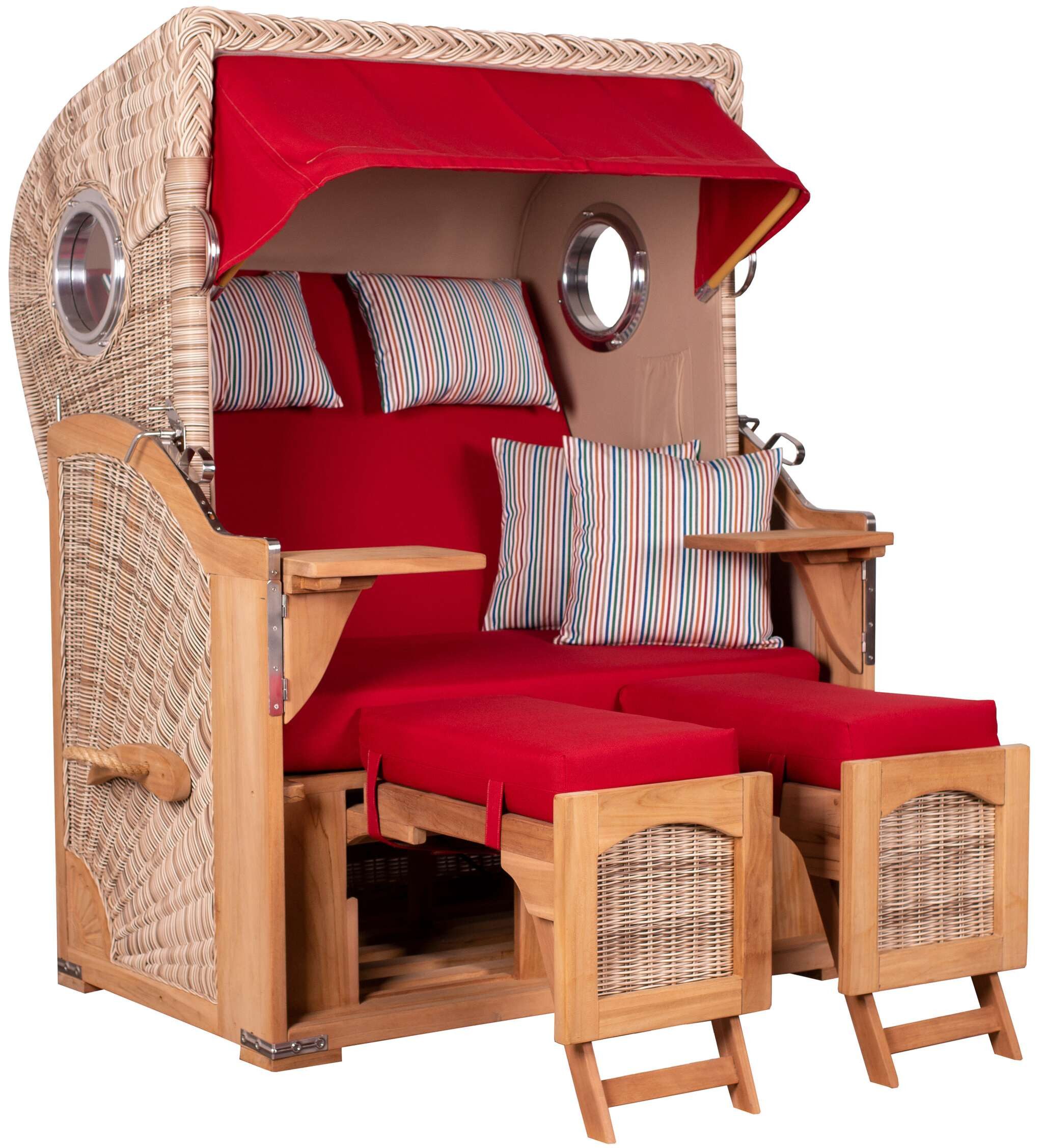 MR.DEKO Strandkorb 2-Sitzer Düne Teak PE Shell Bullauge 125x80x170cm, BxTxH: 125x80x170 cm, Volllieger, Düne, (Fertig montierter Strandkorb für Garten, Terrasse & Balkon), Wetterfester Volllieger mit Edelstahlbeschlägen & waschbaren Polstern
